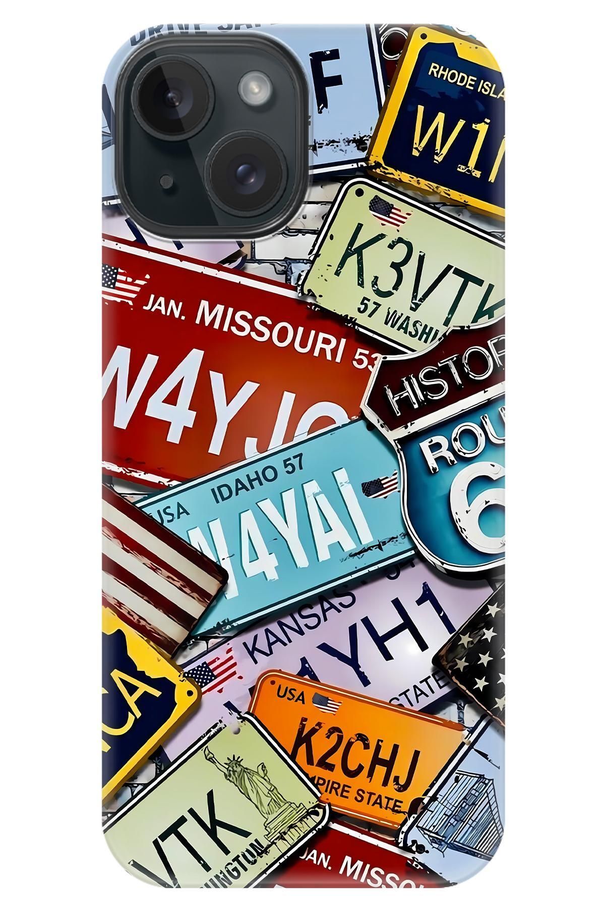 Lopard Apple iPhone 15 Koruma Kılıfı Covers 35 Amerika Plakalar Yeşil Mavi