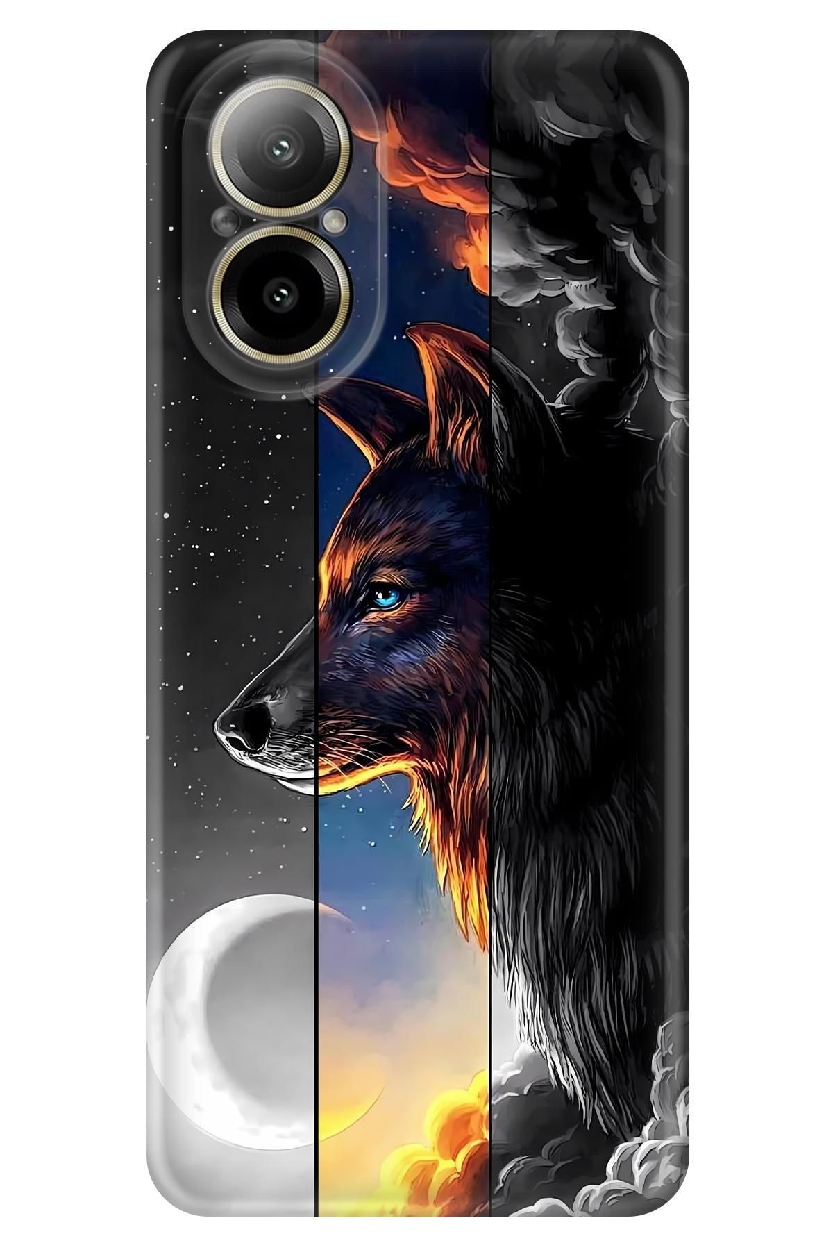 Lopard Realme 12 Lite Kenarları Şeffaf Kapak Covers 30 Kurt Duvar Kağıdı Siyah