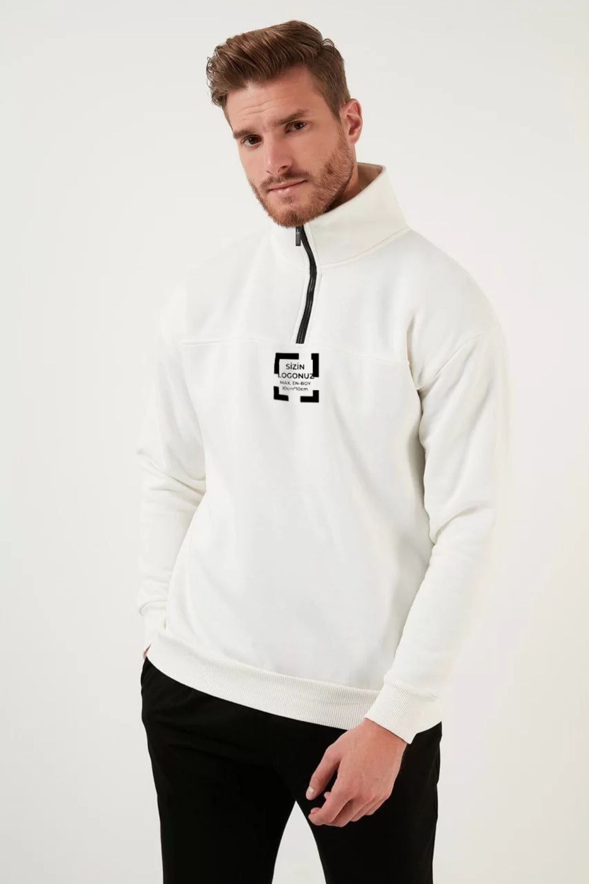 FantaziAtölyesi Oversize Yarım Farmuarlı Yakalı Özel Tasarım Basic SweatShirt - Beyaz