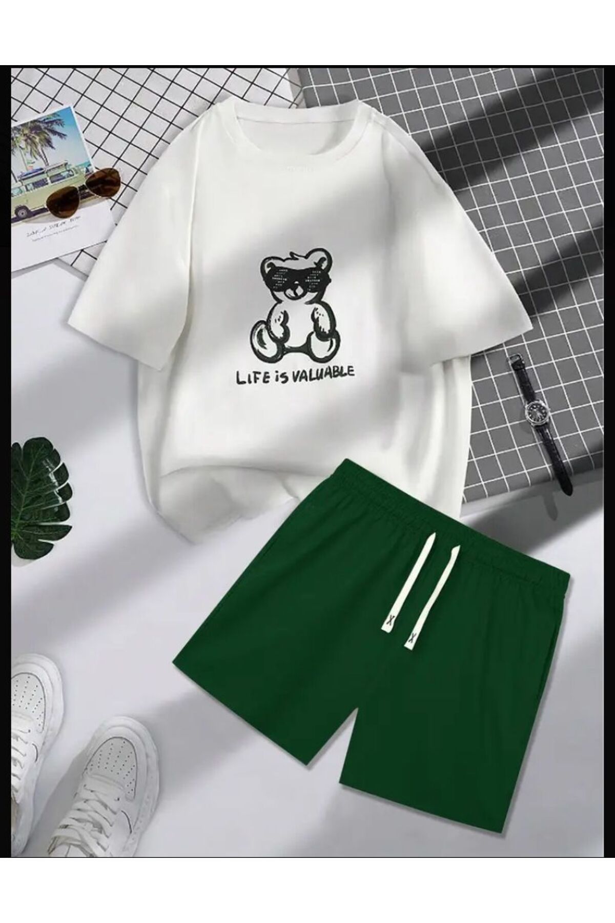 SELENA BUTİK Unisex Life Beyaz Tshırt Yeşil Şort Alt Üst Takım