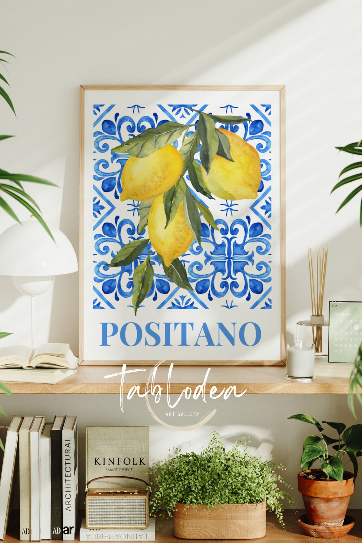 tablodea Seramik Desenli Minimalist Mutfak Dekoru Çerçeveli Poster Tablo, Limon Temalı Bohem Mutfak Tablosu