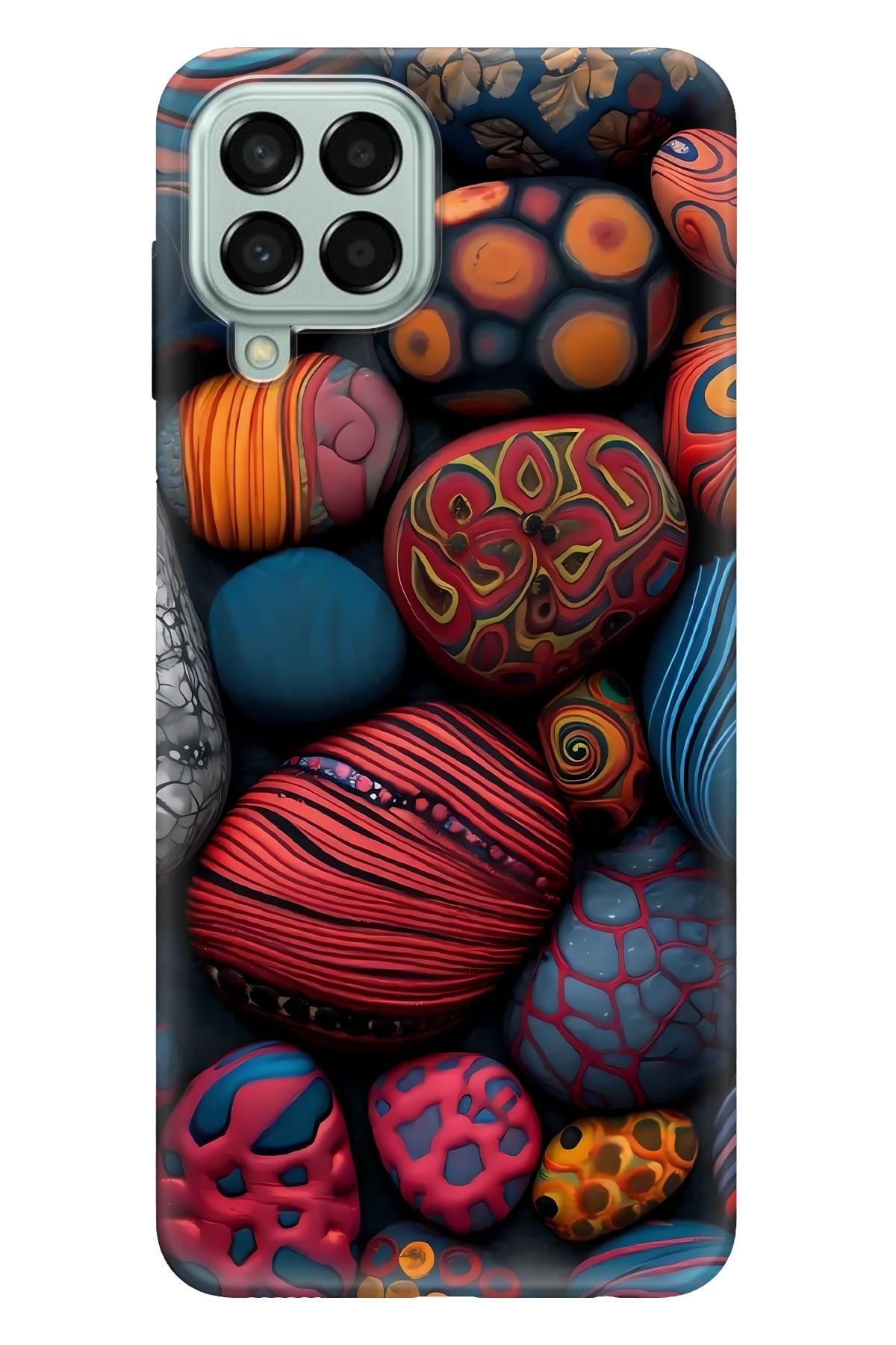 Lopard Samsung Galaxy M32 Tasarım Kılıf Covers 42 Taşlar Mavi Kırmızı Siyah
