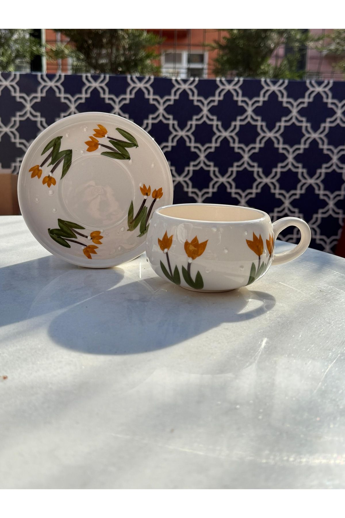 evlashop Lale Desenli Tabaklı Seramik Kupa/Fincan/Mug