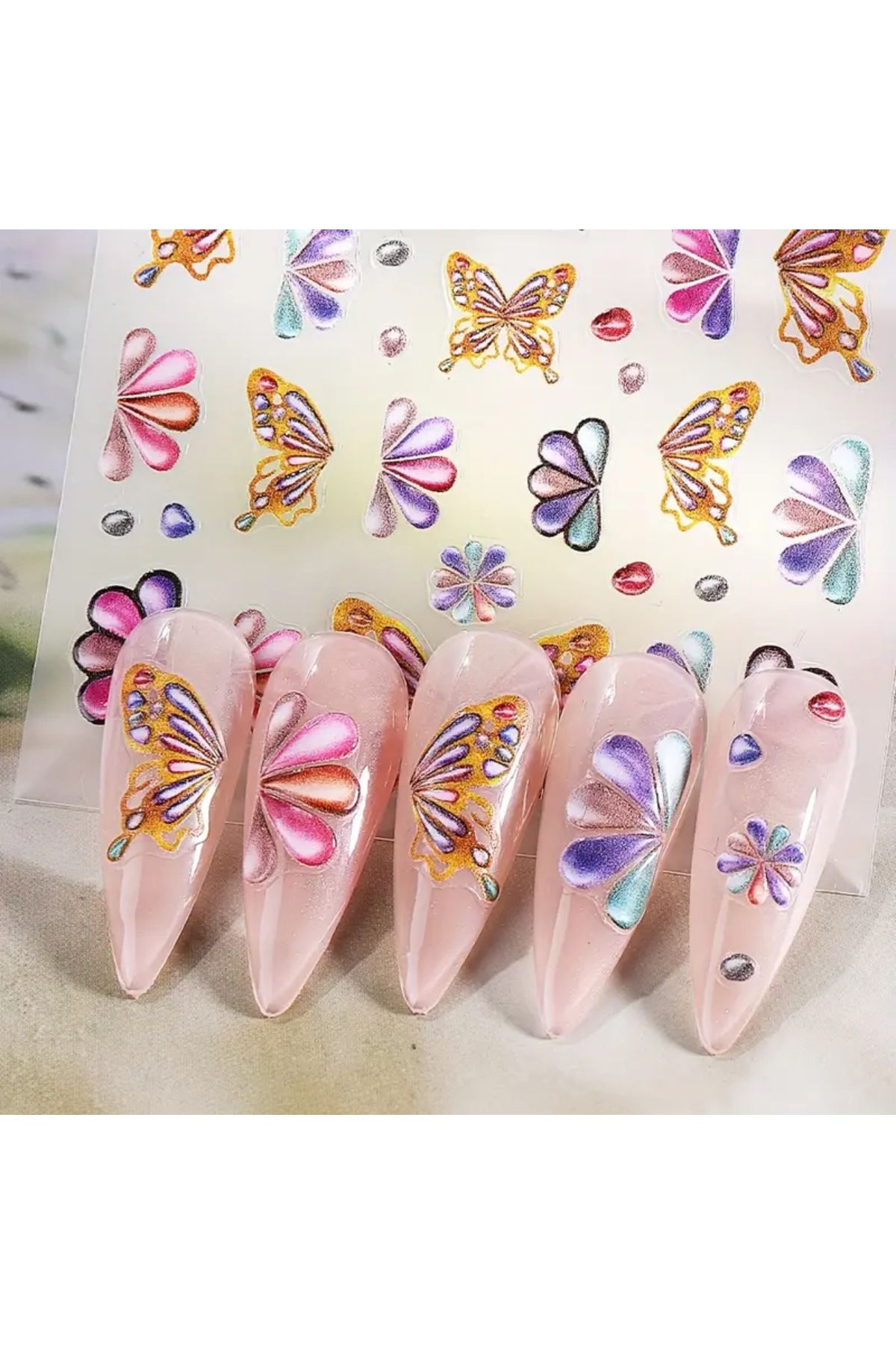 zeinapp Kendinden Yapışkanlı 5D Kelebek Gökkuşağı Figürlü Tırnak Sticker Nail Sticker Tırnak Sanatı