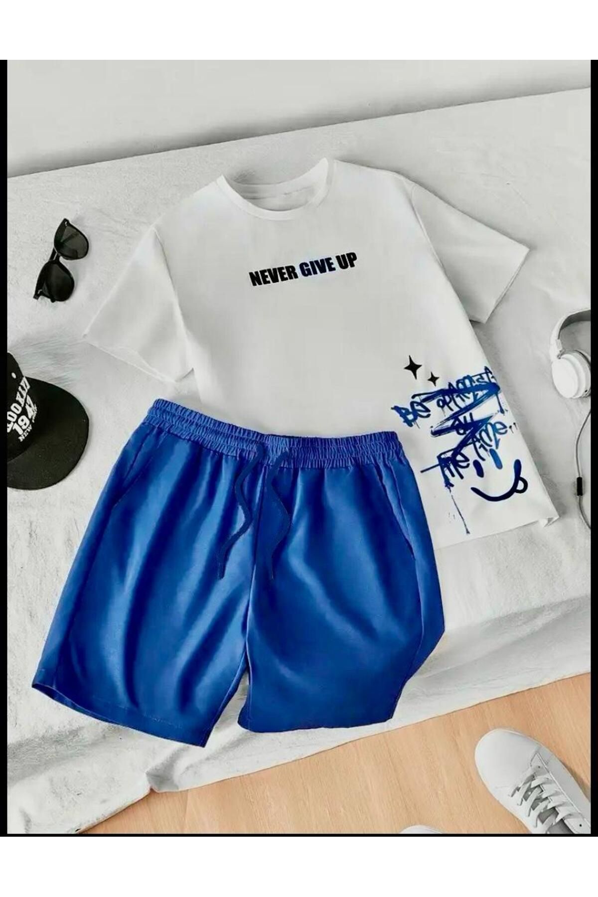SELENA BUTİK Unisex Never Beyaz Tshırt Mavi Şort Alt Üst Takım