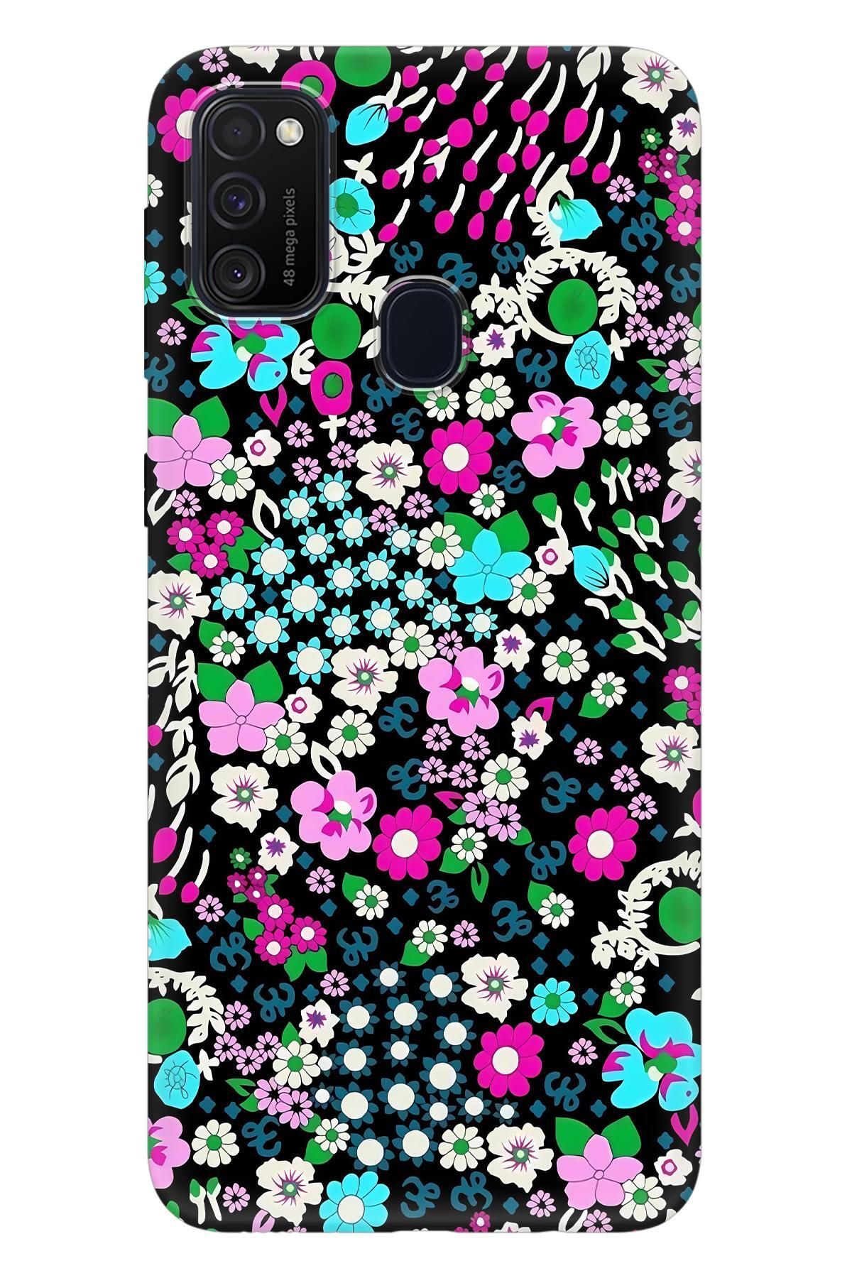 Lopard Samsung Galaxy M21 Yumuşak Kılıf Covers 47 Minik Çiçekler Su Yeşili