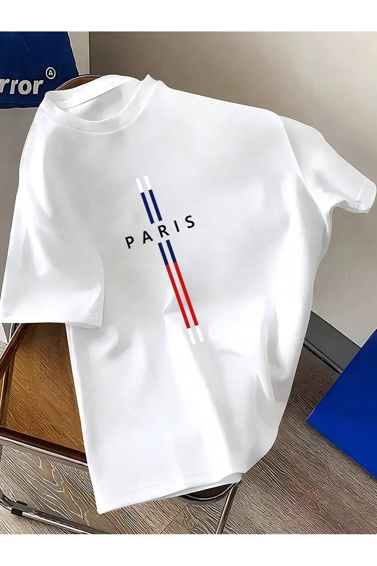 EVIus Oversize Dikey Paris Baskılı Bisiklet Yaka T-Shirt