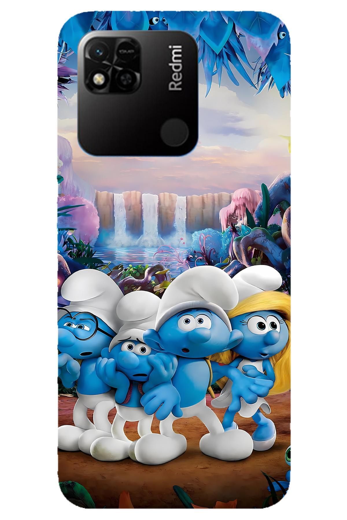 Lopard Xiaomi Redmi 10A Darbe Emici Kılıf Covers 24 Şirinler Köyü Smerfy Mavi Beyaz