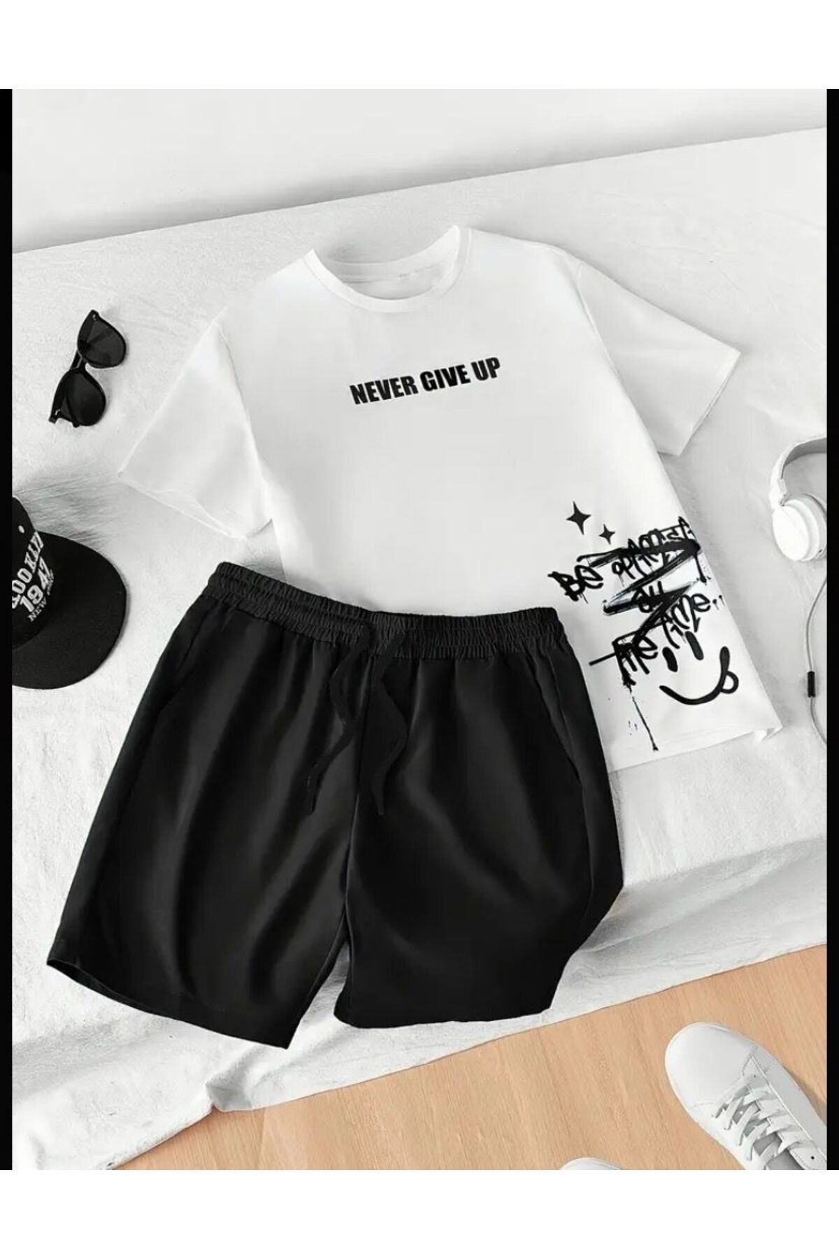 SELENA BUTİK Unisex Never Beyaz Tshırt Siyah Şort Alt Üst Takım