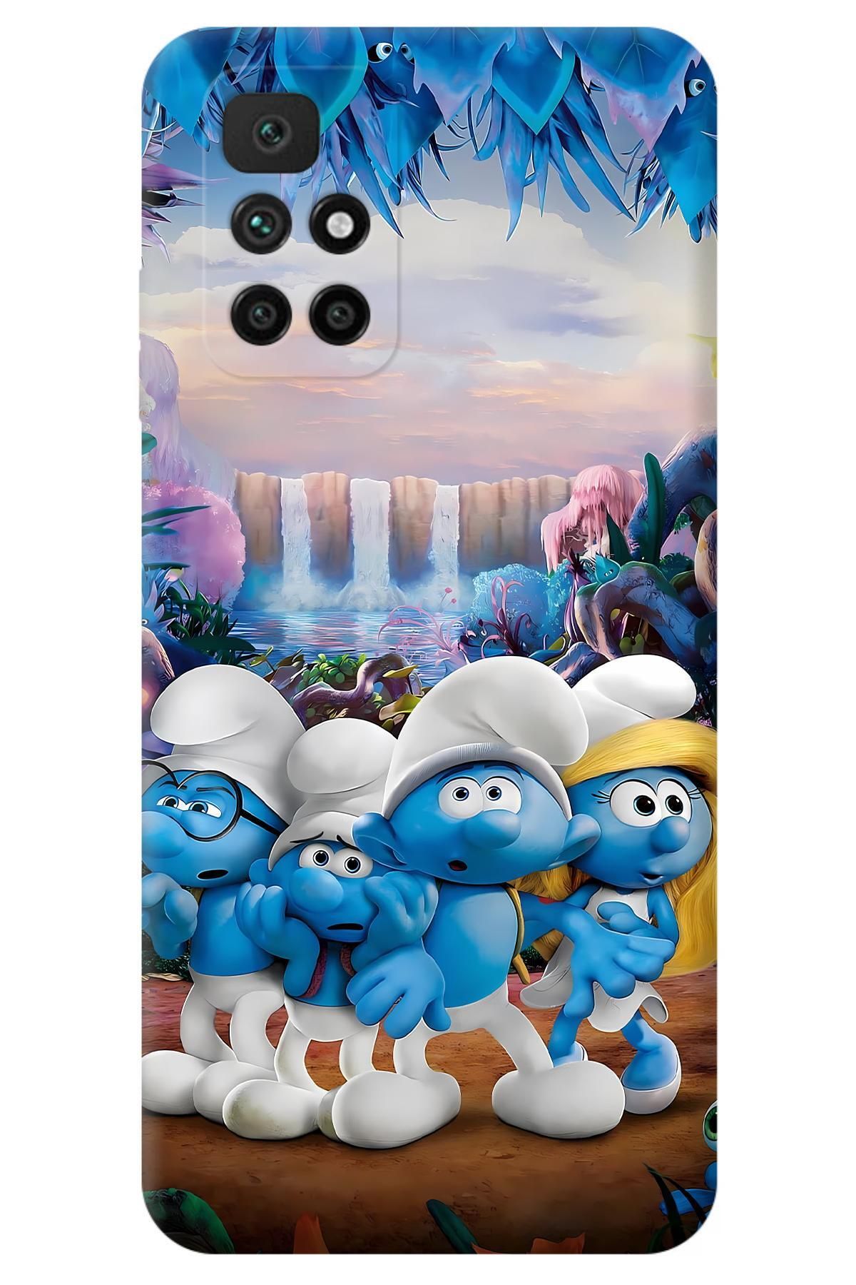 Lopard Xiaomi Redmi 10 Darbe Emici Kılıf Covers 24 Şirinler Köyü Smerfy Mavi Beyaz