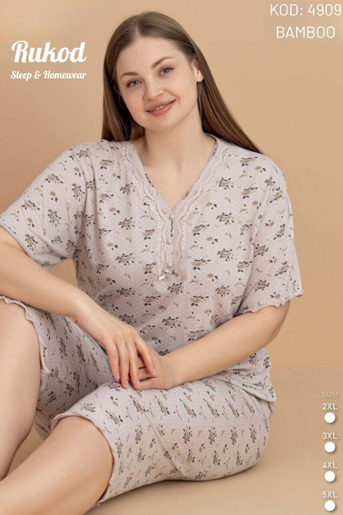 RUKOD Kadın Büyük Beden Bambu Kumaş Gri Çiçek Desenli Kısa Kollu Kaprili Pamuklu Pijama Takımı