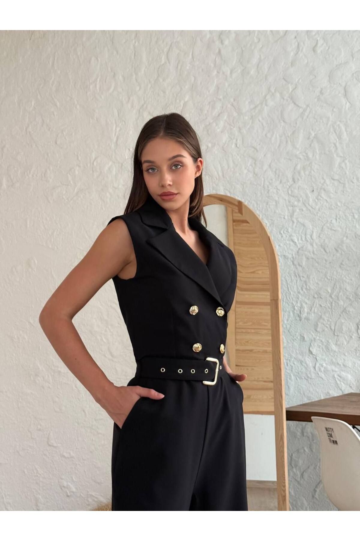Lady Pixie Kadın Önü Düğmeli Kemer Detaylı Tulum