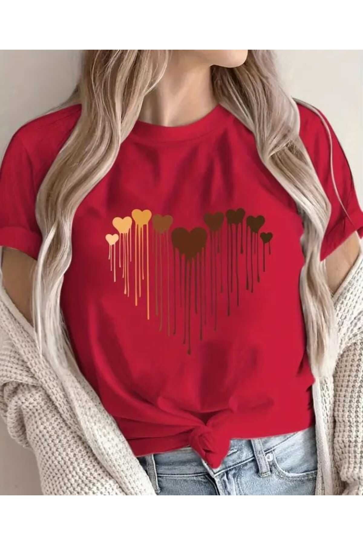 TekTarzz Unisex Renkli Kalp Baskı Tasarımlı Trend Tshirt