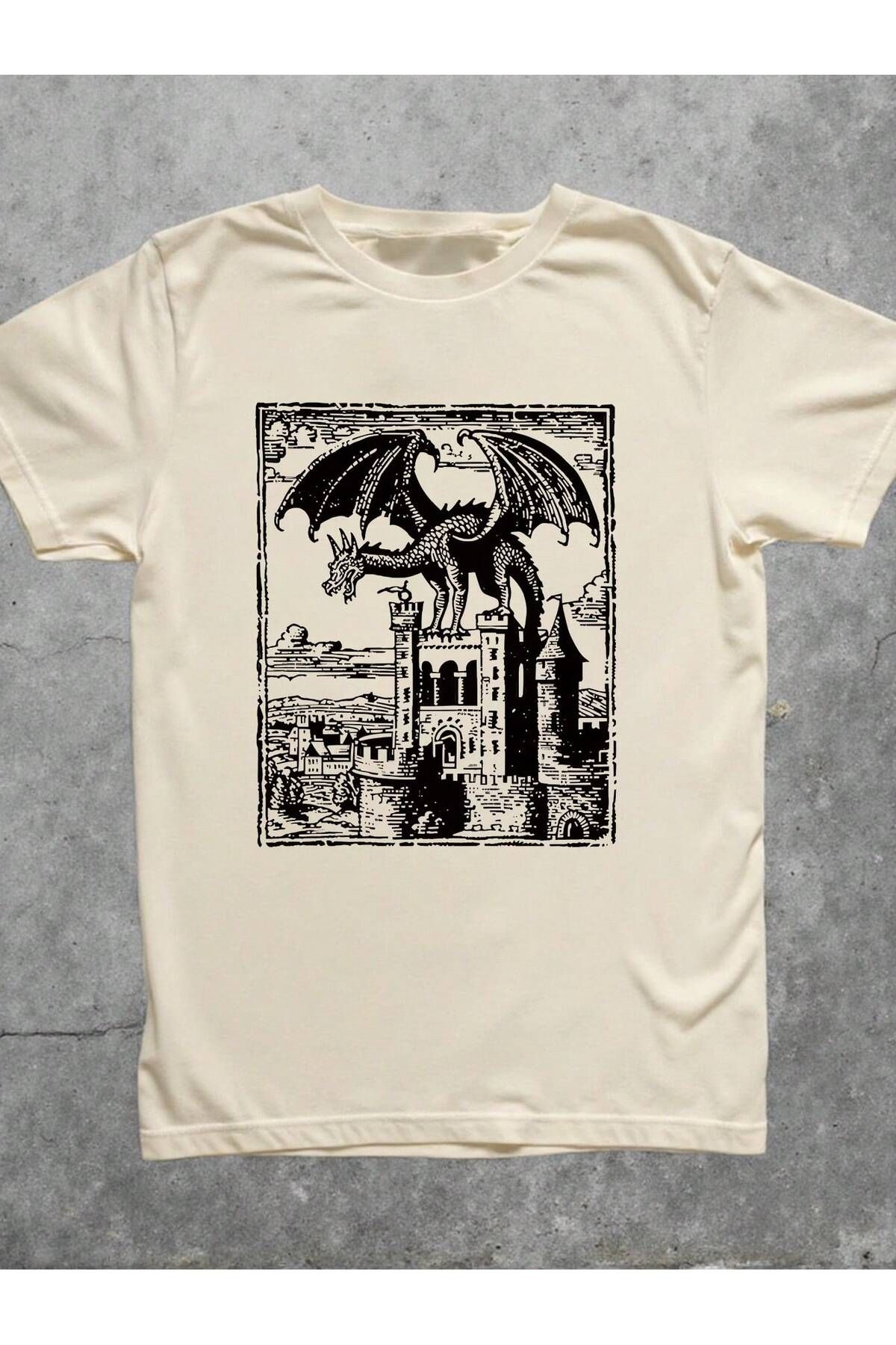 EVIus Oversize Ejderha Çizimi Baskılı Bisiklet Yaka T-Shirt