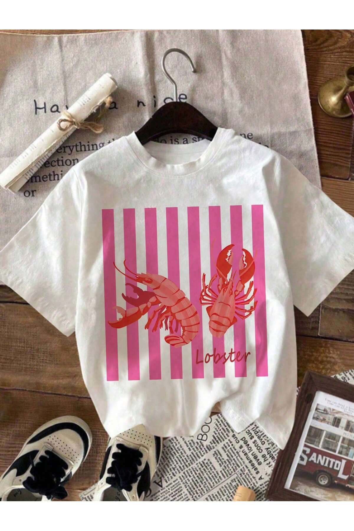 EVIus Oversize Lobster Baskılı Bisiklet Yaka T-Shirt