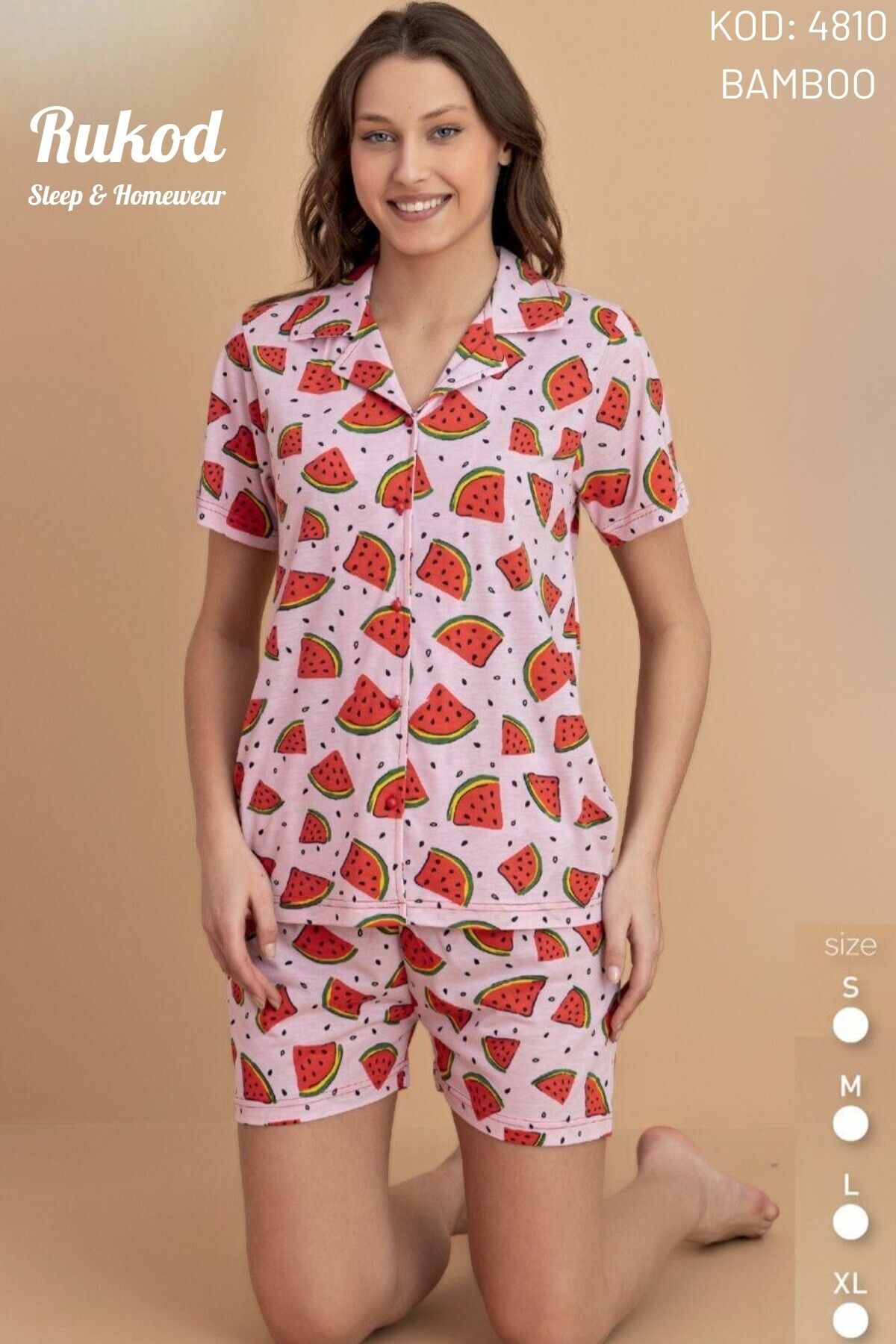 RUKOD Kadın Bambu Likralı Karpuz Desenli Kısa Kollu Şortlu Pembe Pamuklu Yazlık Pijama Takımı