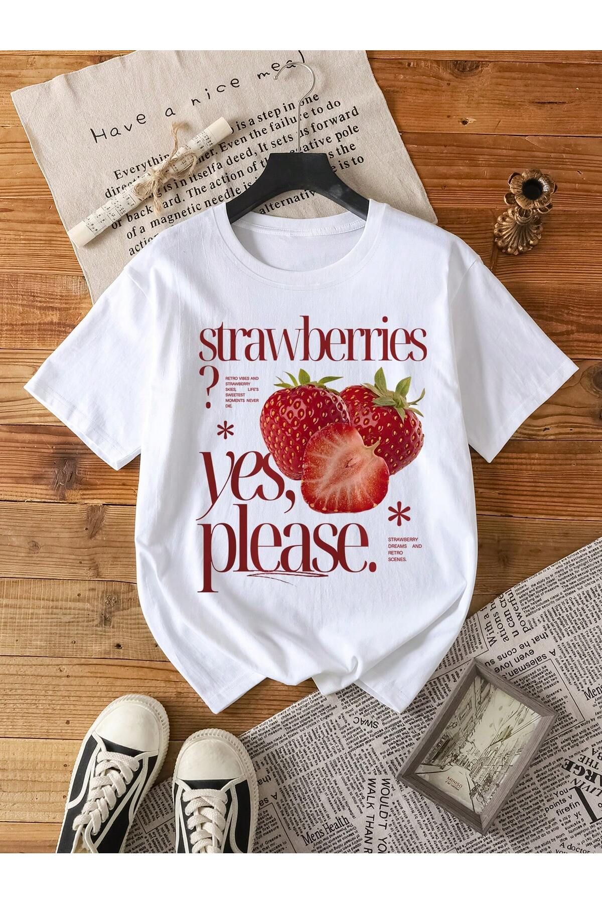 EVIus Oversize Strawberries Yes, Please. Baskılı Bisiklet Yaka T-Shirt