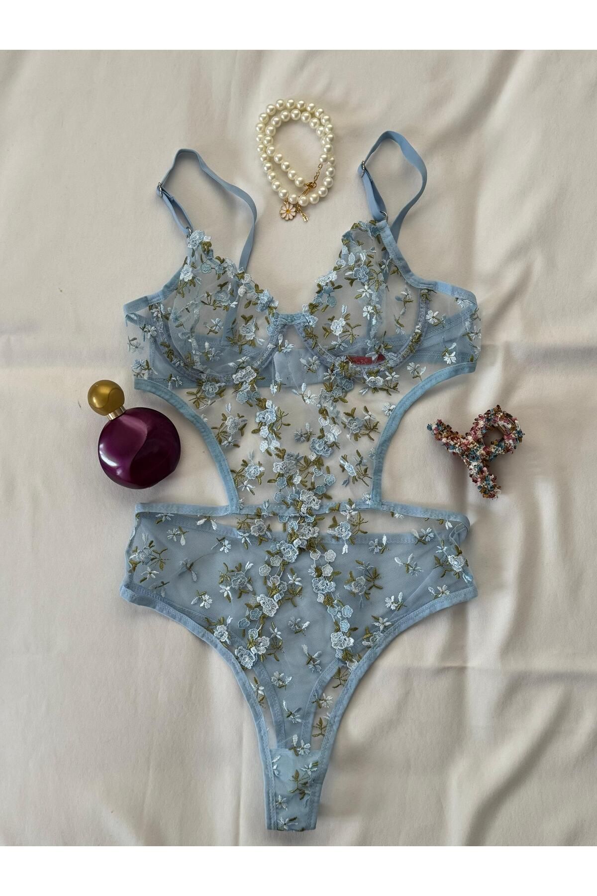 unbranded privée élora mavi balenli çiçekli bodysuit
