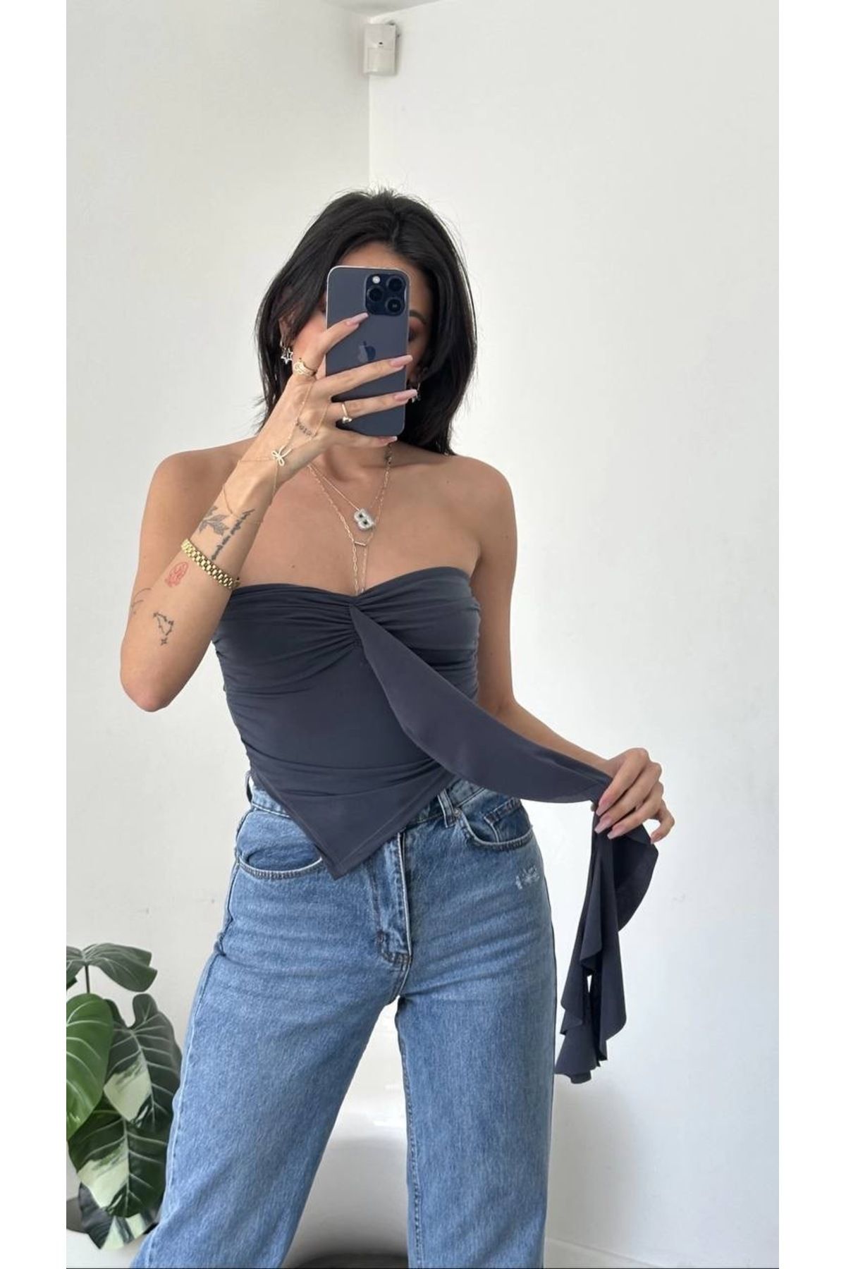 Sudelim butik Fırfır detaylı straplez bluz