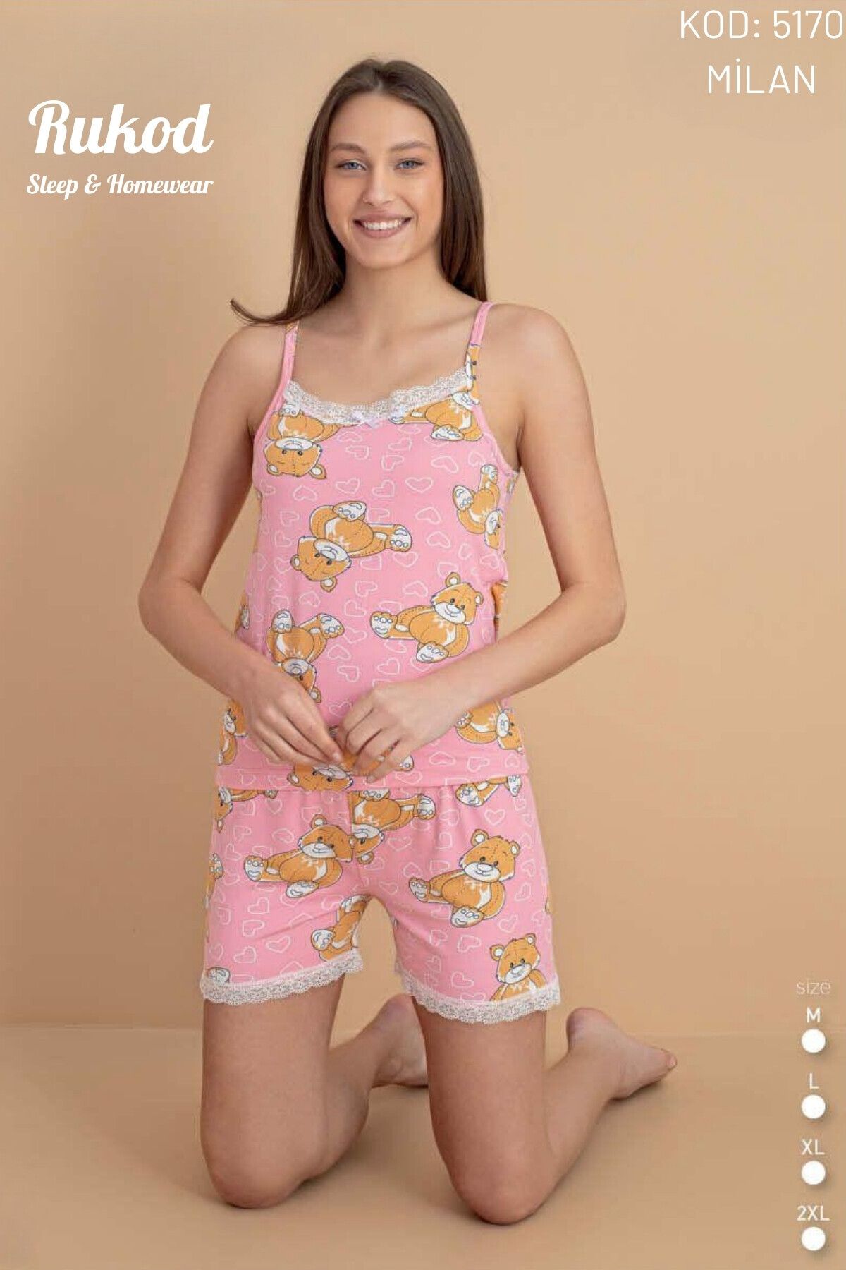 RUKOD Kadın Milan Likralı Ayıcık Desenli İp Askılı Şortlu Pembe Pamuklu Yazlık Pijama Takımı