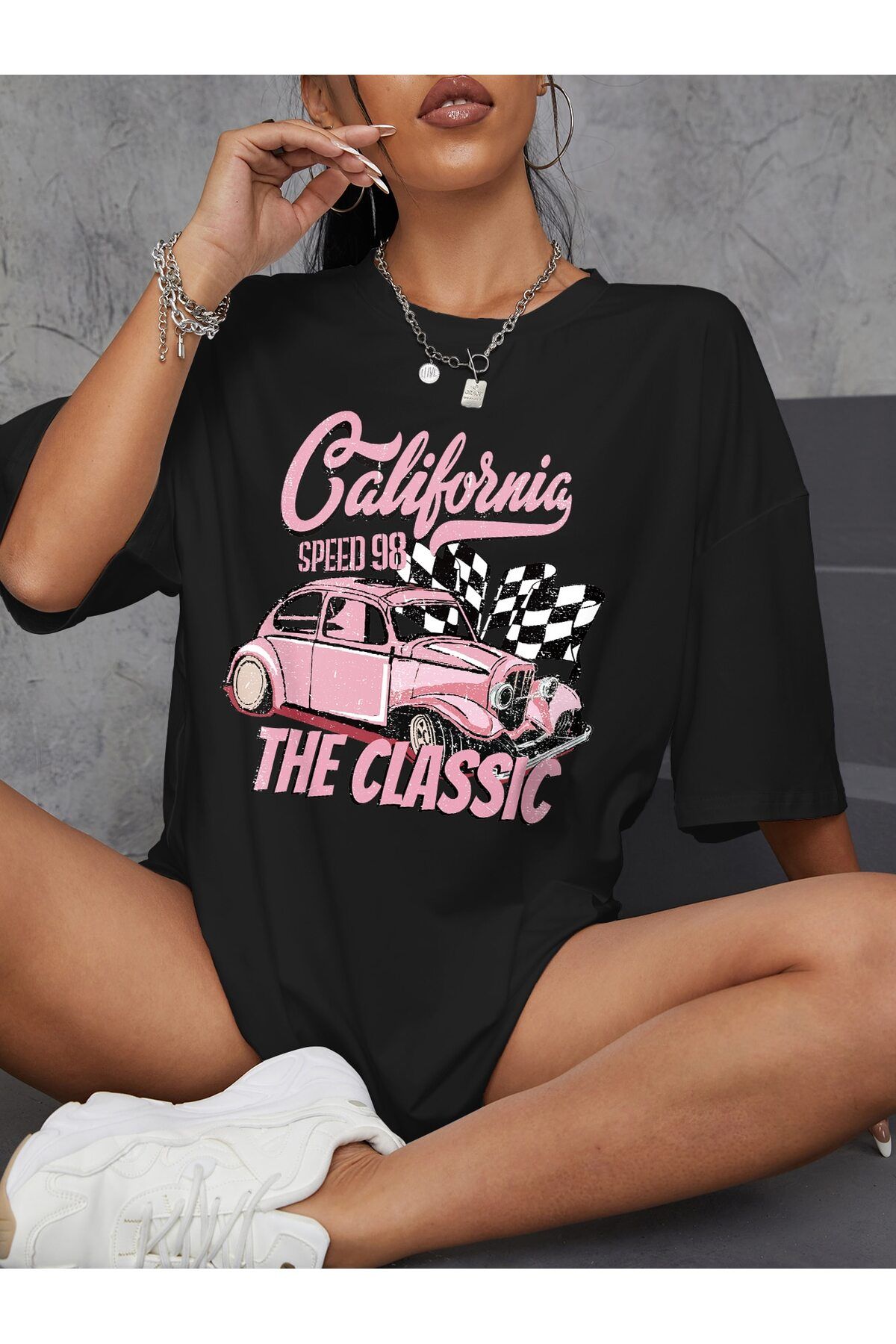 EVIus Oversize California Retro Araba Baskılı Bisiklet Yaka T-Shirt