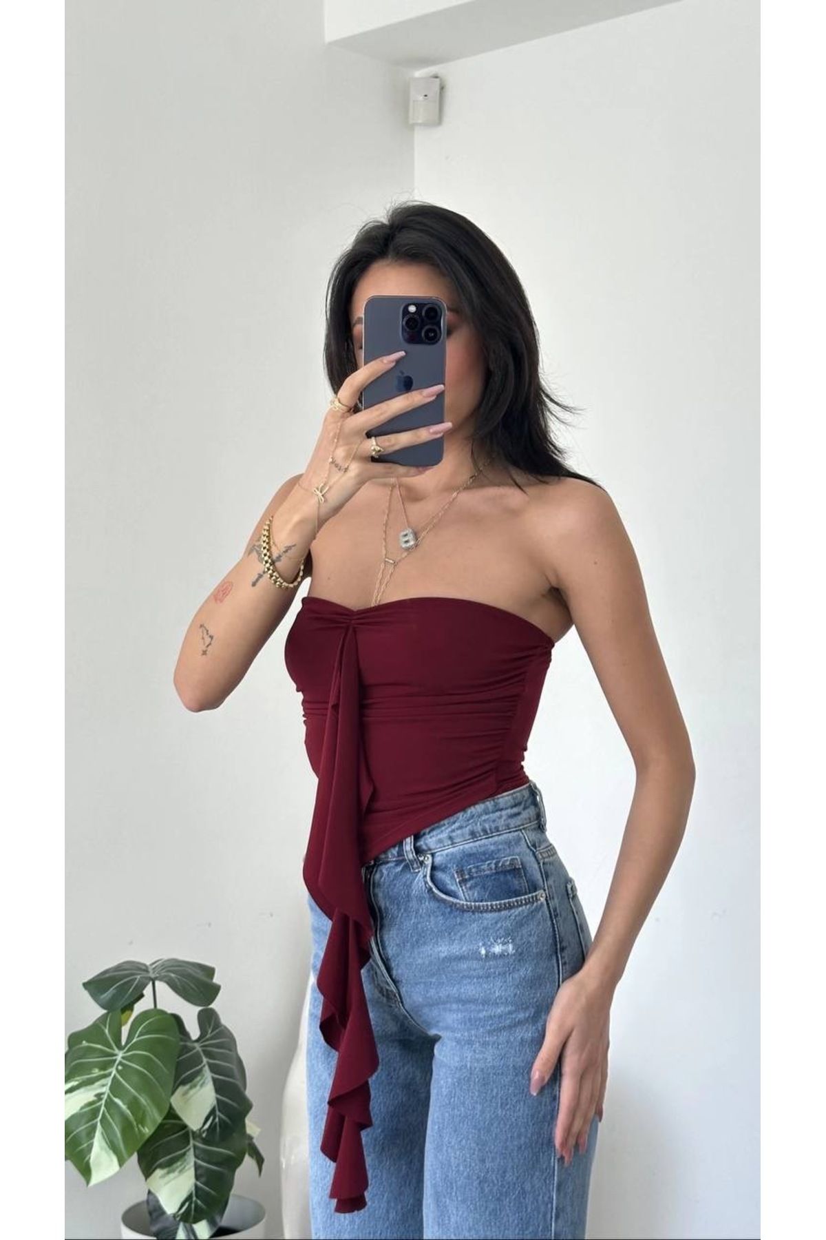 Sudelim butik Fırfır detaylı straplez bluz