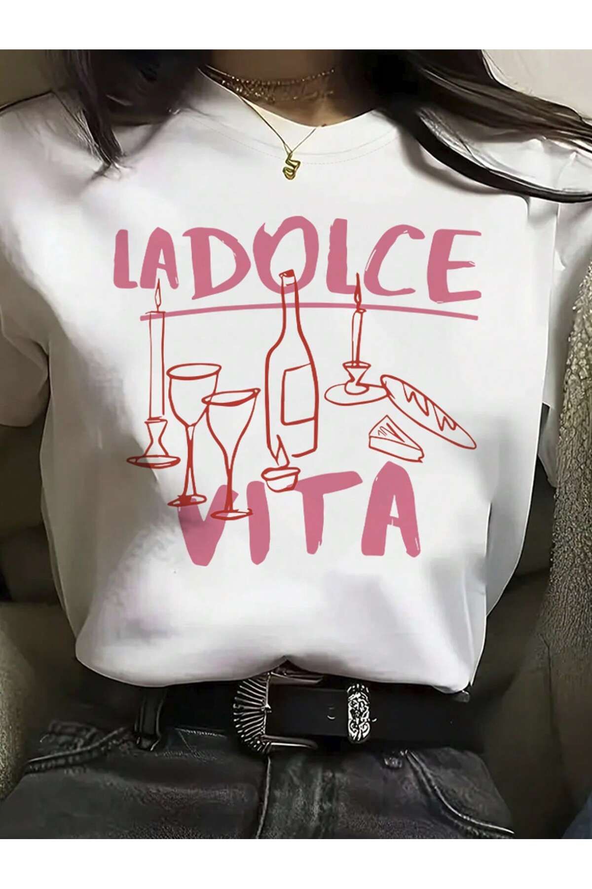 EVIus Oversize La Dolce Vita Baskılı Bisiklet Yaka T-Shirt