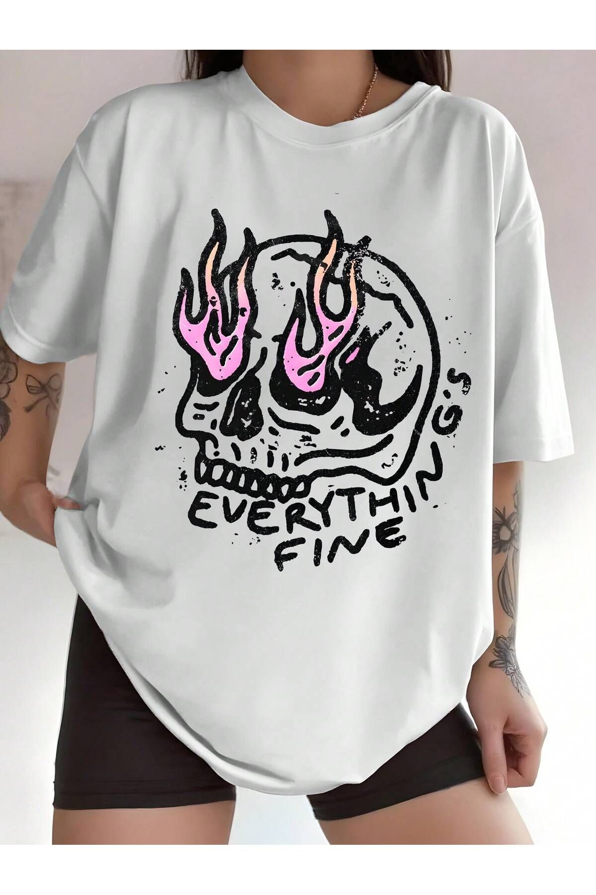 EVIus Oversize Everything Fine Baskılı Bisiklet Yaka T-Shirt