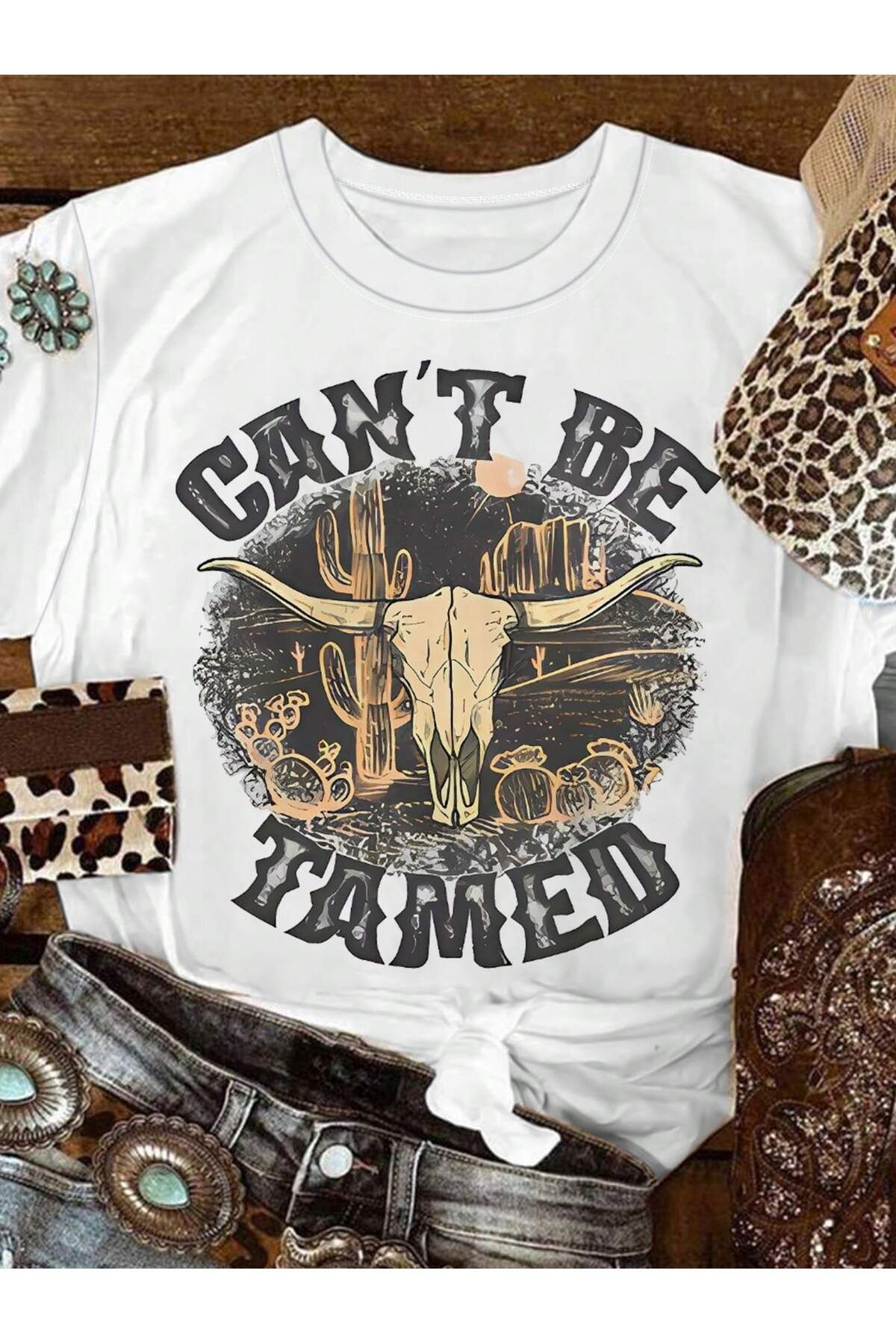 EVIus Oversize Can't Be Tamed Baskılı Bisiklet Yaka T-Shirt