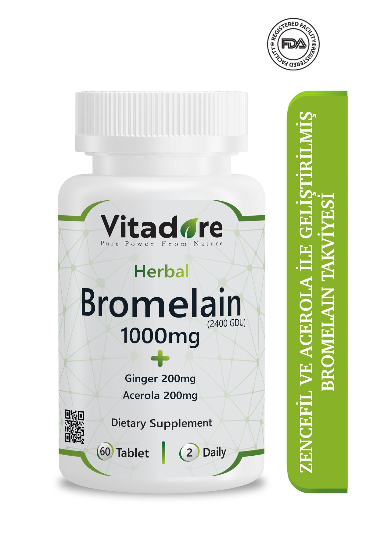 Vitadore Bromelain 1000mg (2400 GDU) & Zencefil (Ginger) 200mg & Acerola 200mg - 60 Tablet