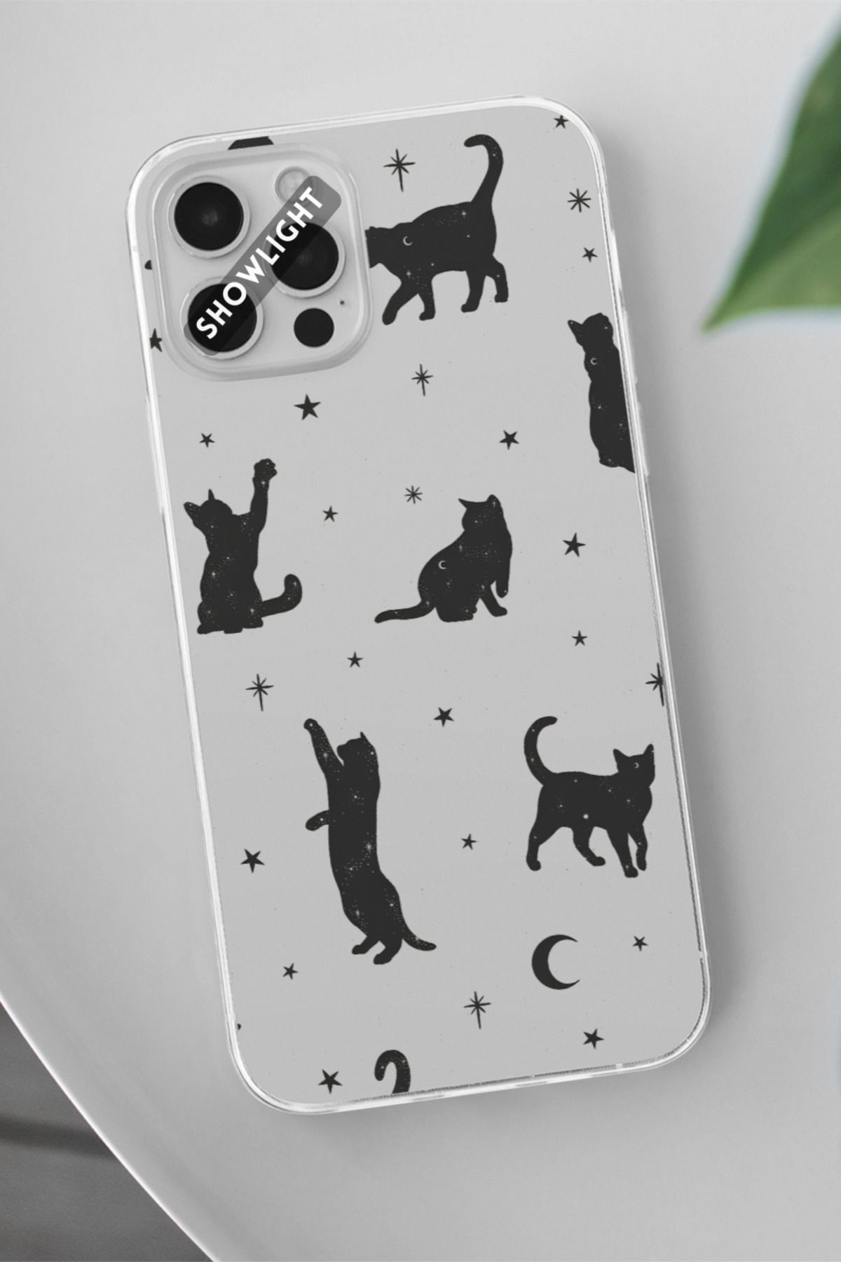 SHOWLIGHT Xiaomi Redmi Note 8 Uyumlu Yıldızlar ve Kedi Tasarımlı Şeffaf Telefon Kılıfı