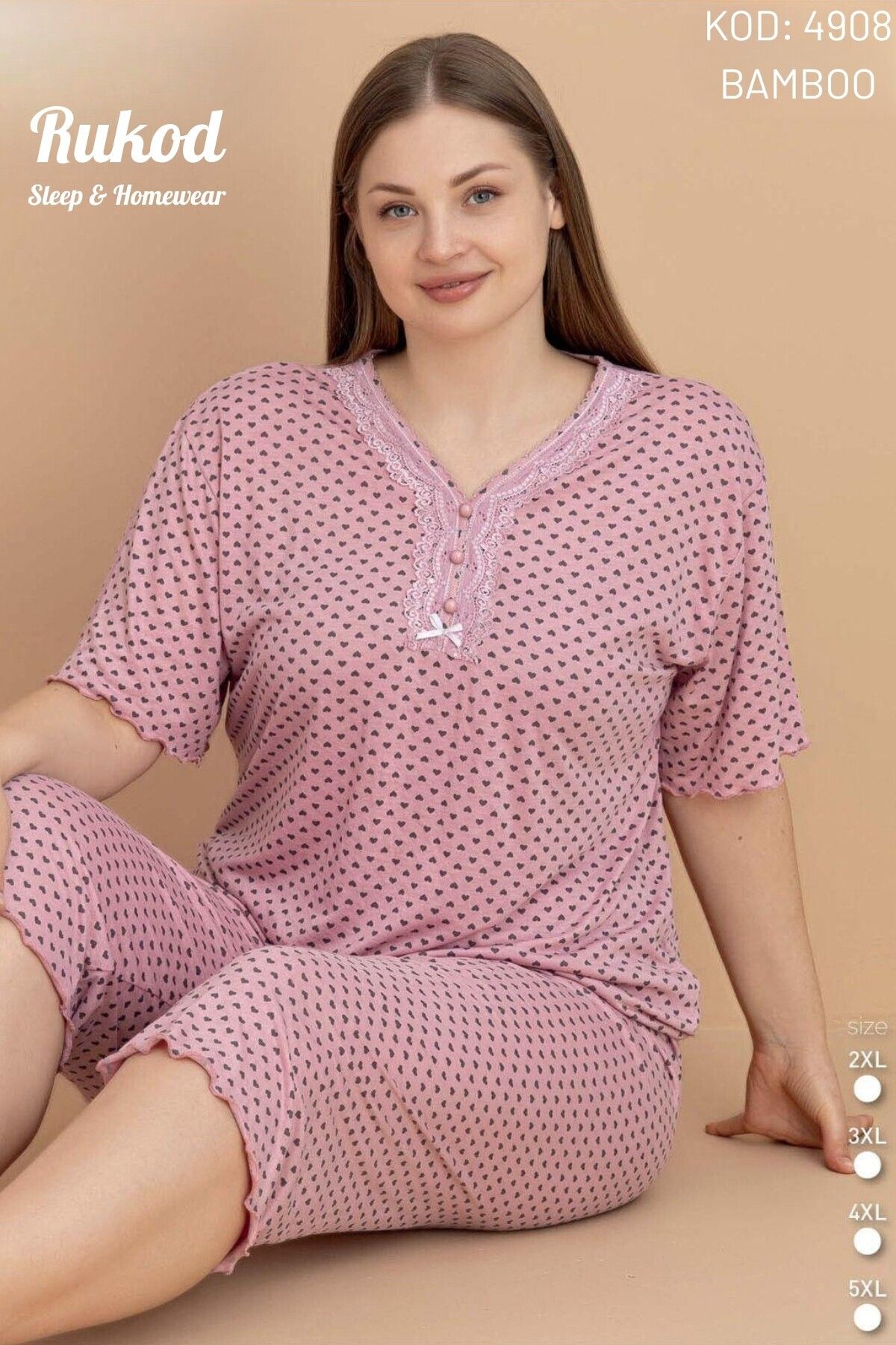 RUKOD Kadın Büyük Beden Bambu Kumaş Pembe Kalp Desenli Kısa Kollu Kaprili Pamuklu Pijama Takımı
