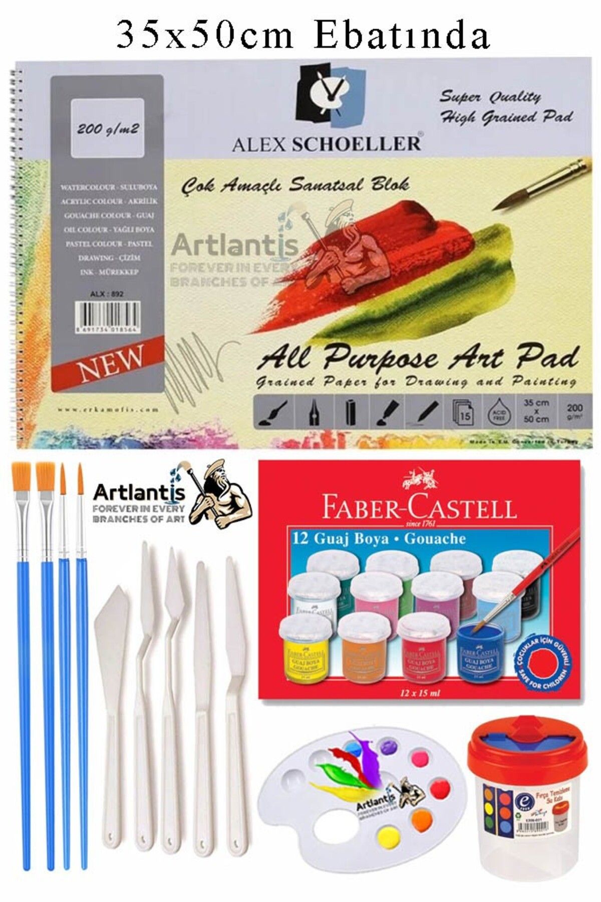 Artlantis Alex Schoeller Çok Amaçlı Sanatsal Blok 35x50 200 gr 15 Yaprak Faber 12 Renk 20 ml Guaj Boya Plastik