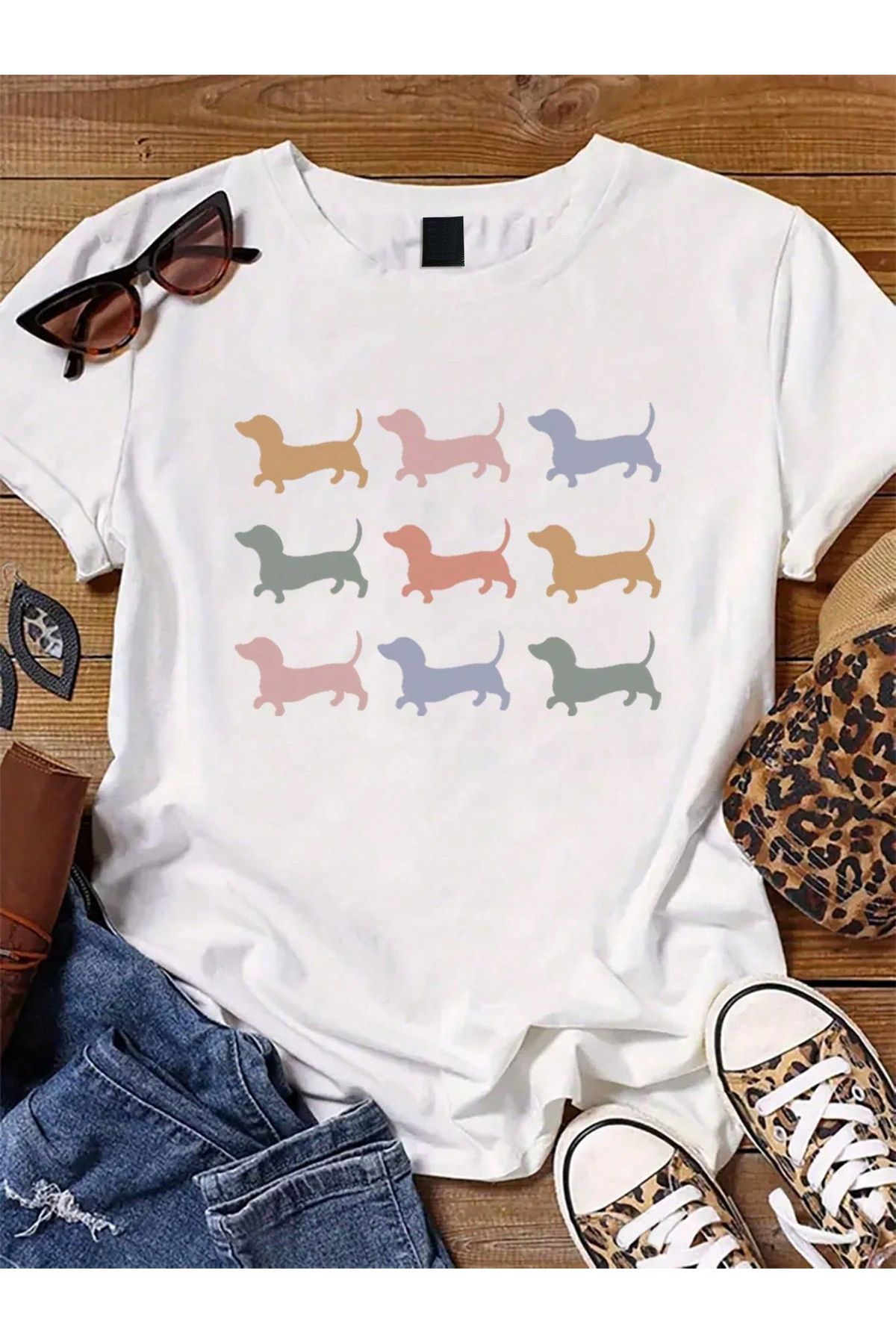 EVIus Oversize Tatlı Renkli Köpekler Baskılı Bisiklet Yaka T-Shirt