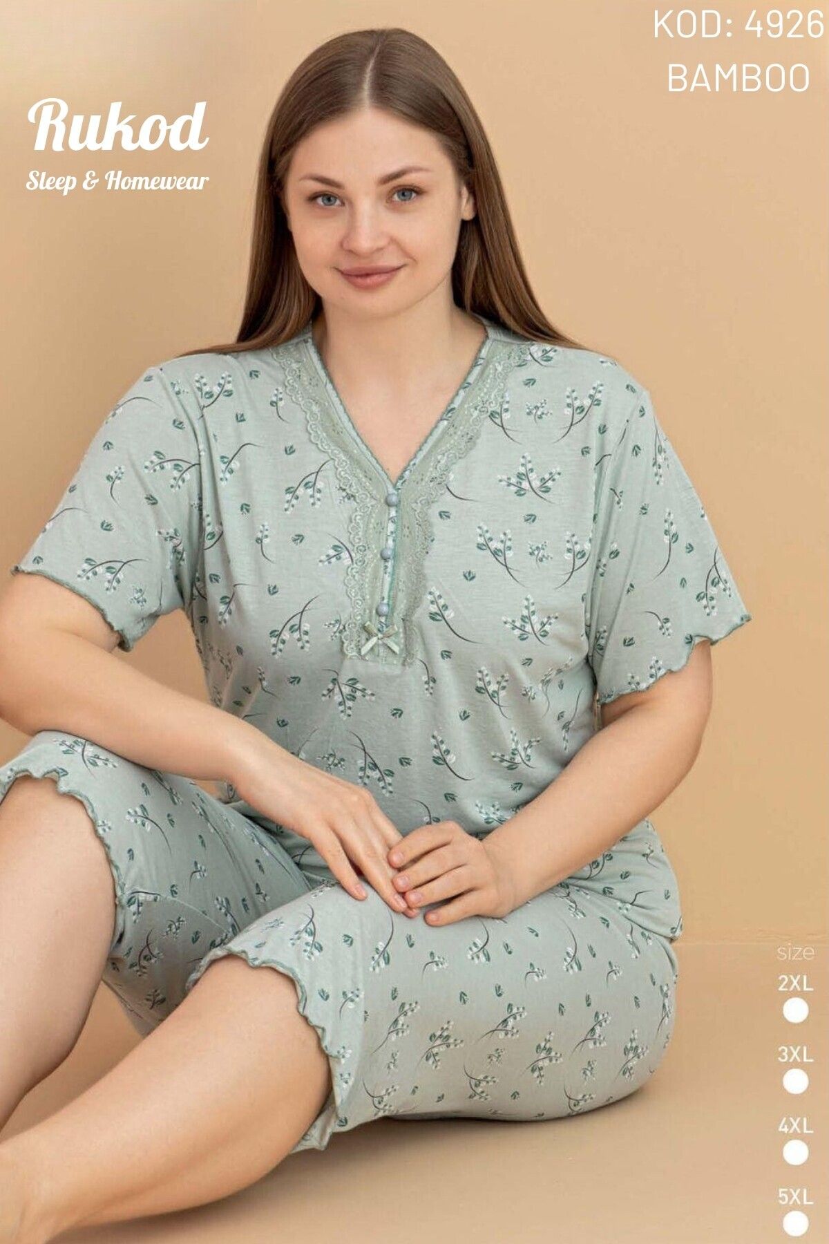 RUKOD Kadın Büyük Beden Bambu Kumaş Yeşil Çiçek Desenli Kısa Kollu Kaprili Pamuklu Pijama Takımı