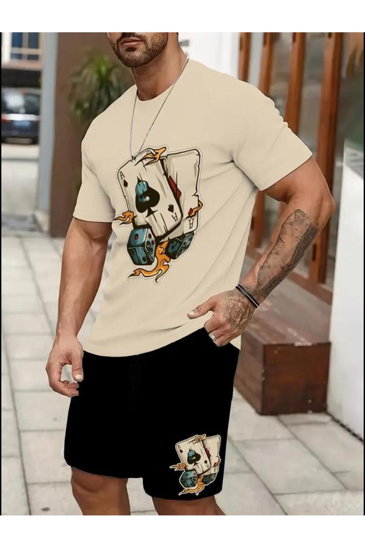 SELENA BUTİK Unisex As Bej Tshırt Siyah Şort Alt Üst Takım