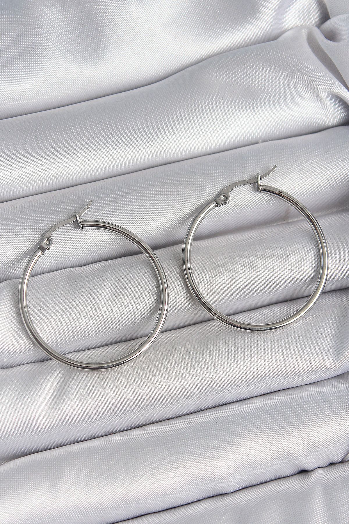 FUDER 316 Çelik Gümüş Renk 33 mm Halka Model Kadın Küpe