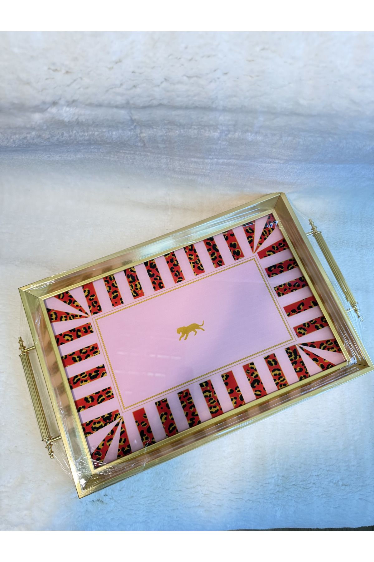 Glow Ay Lüks 6 Kişilik Ahşap Çerçeveli Çay Ve Kahve Sunum Tepsisi, Pembe Leopar Desenli Tepsi
