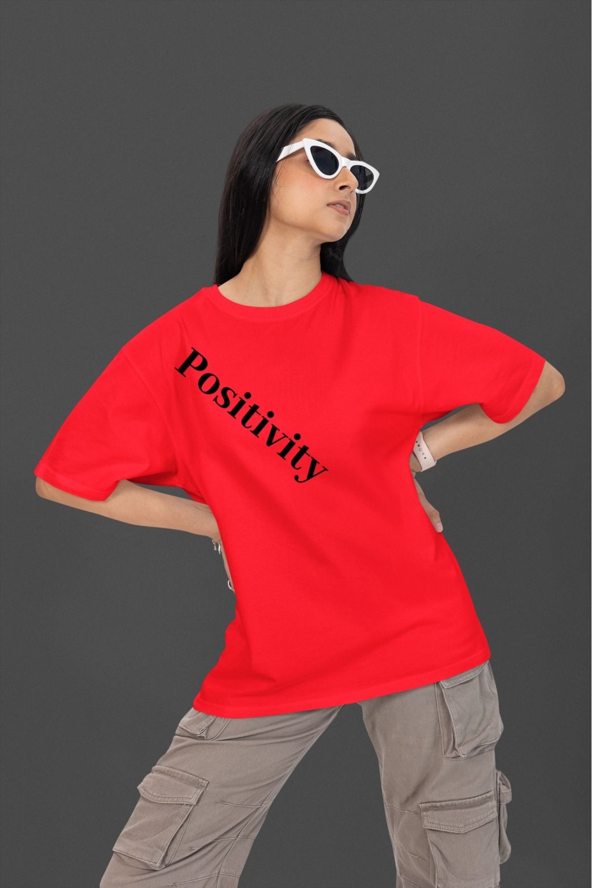 Butik %100 PAMUK ERKEK/KADIN -POSITIVITY- TRANSFER BASKILI YUVARLAK YAKA KISA KOL TİŞÖRT