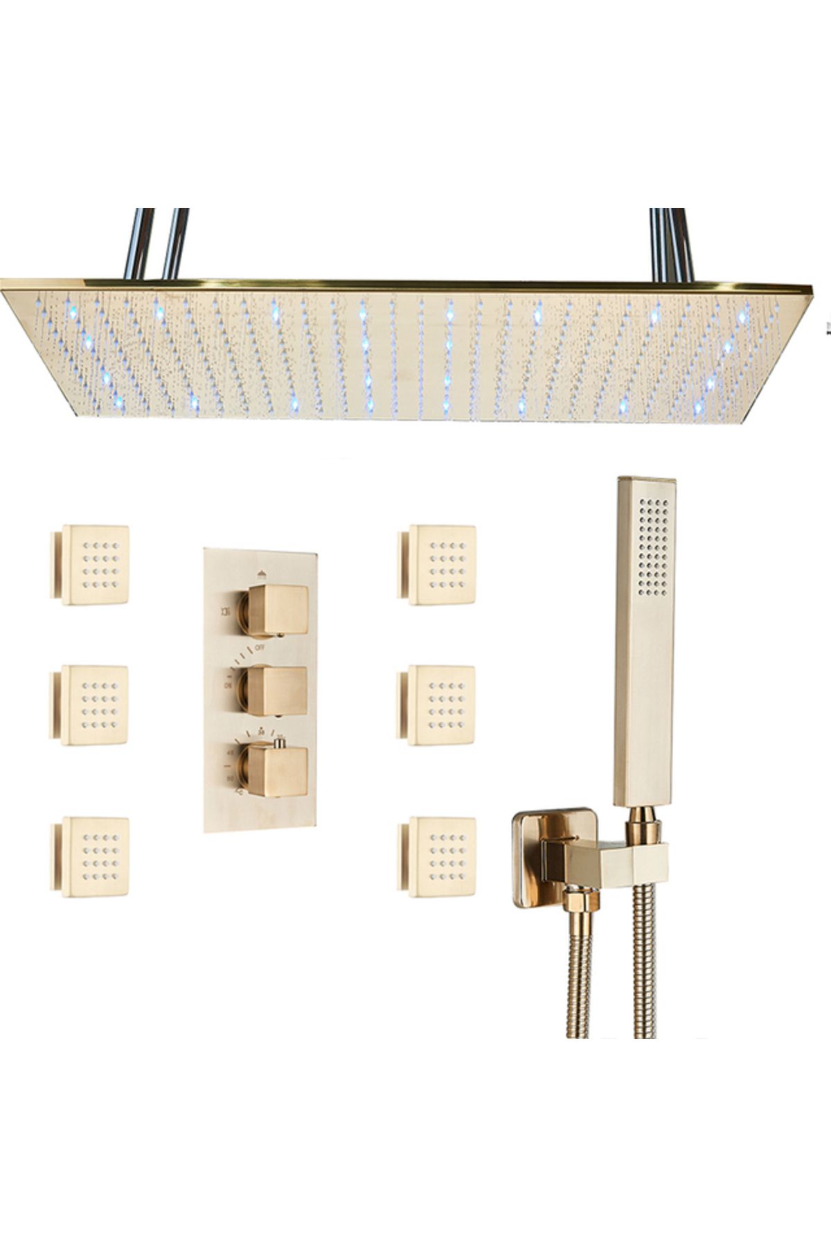 Blackswan Design Set Baterie Dus, Blackswan, Tip M192, Auriu Mat, 3 Cai, Termostat, Duze Masaj, Iluminare Led,80 Cm - One Size
