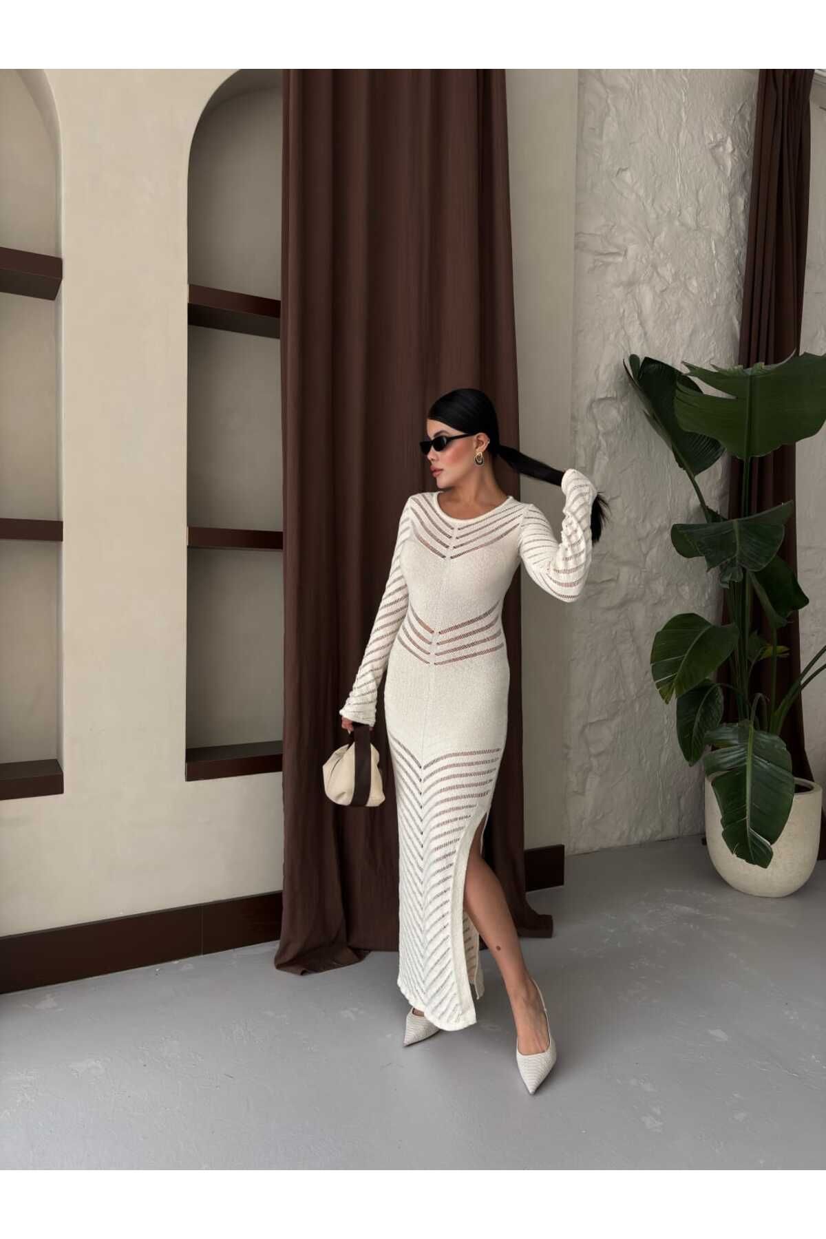 lovmi Elbise Uzun Kol Yırtmaçlı Desenli Sade Şık Uzun Elbise