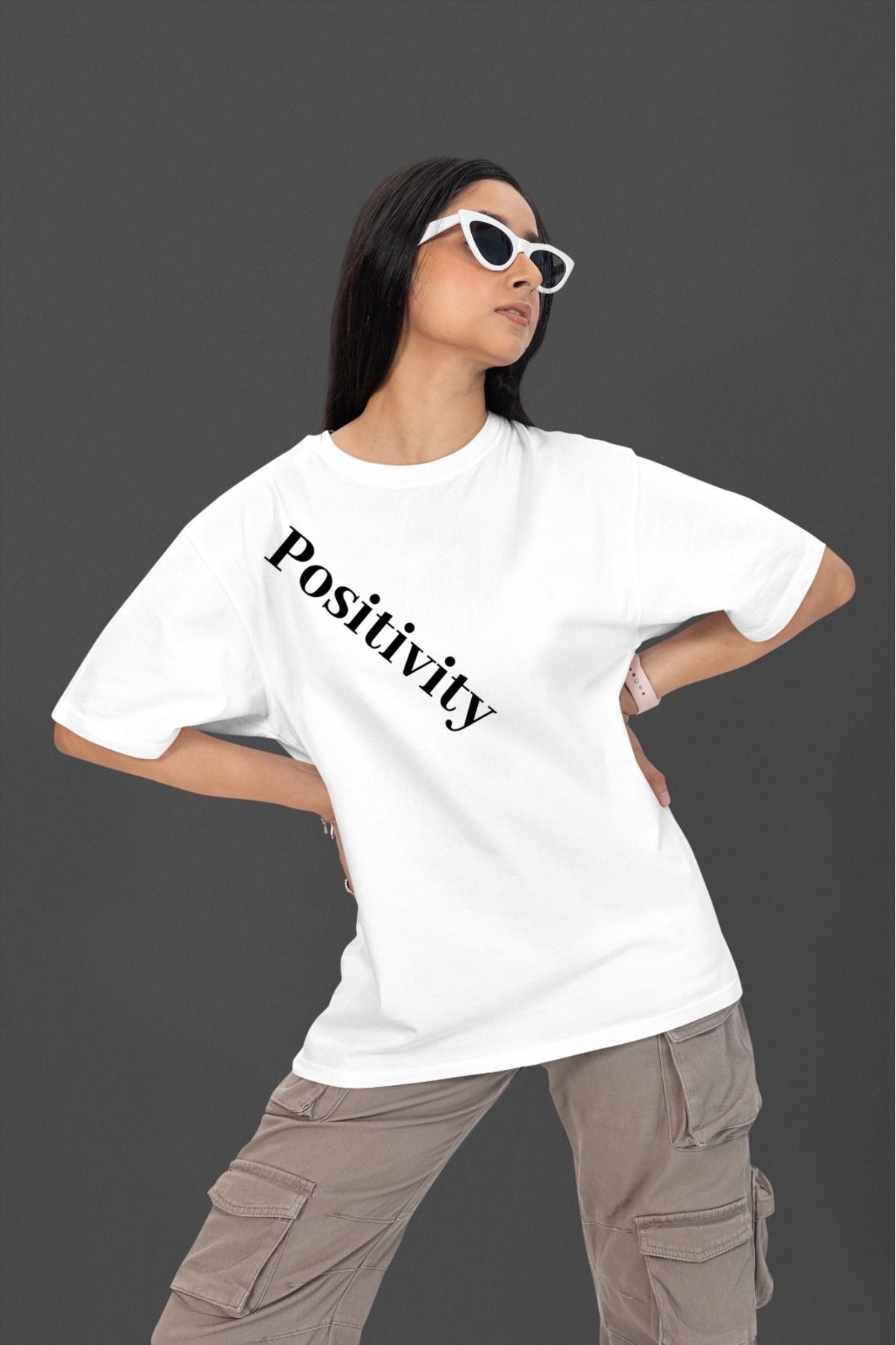 Butik %100 PAMUK ERKEK/KADIN -POSITIVITY- TRANSFER BASKILI YUVARLAK YAKA KISA KOL TİŞÖRT