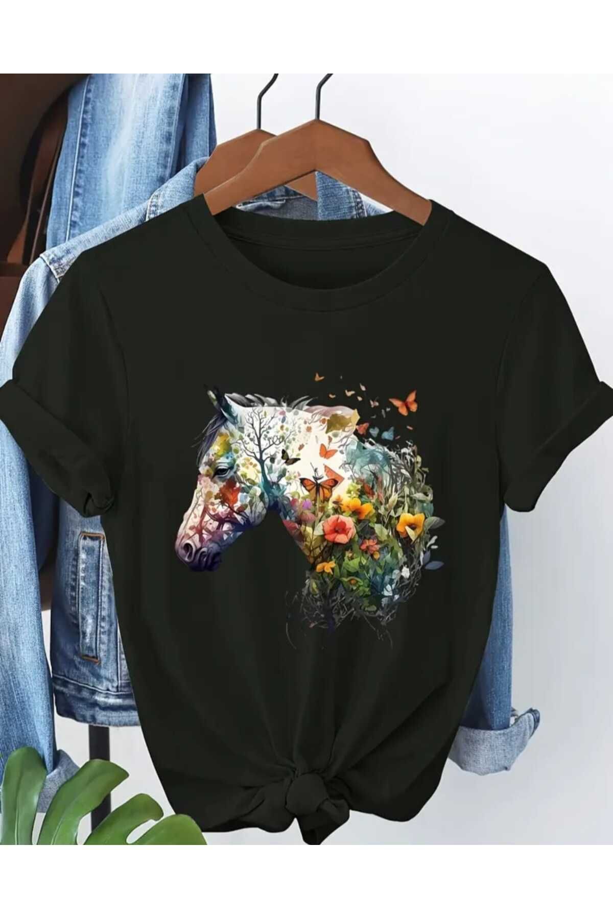 Panda Baskı Tekstil At Çiçek Baskılı Özel Tasarım Oversize Tshirt
