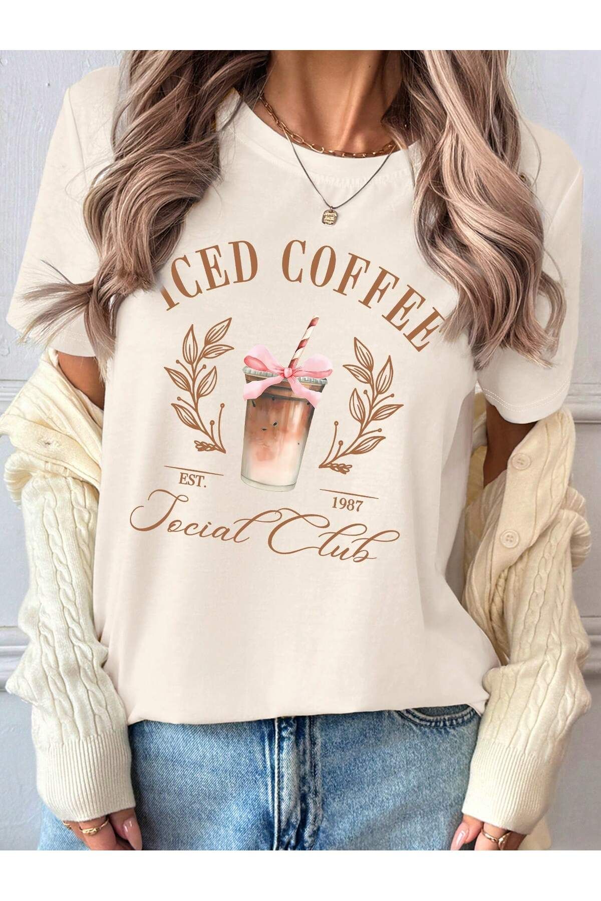 EVIus Oversize Iced Coffee Social Club Baskılı Bisiklet Yaka T-Shirt