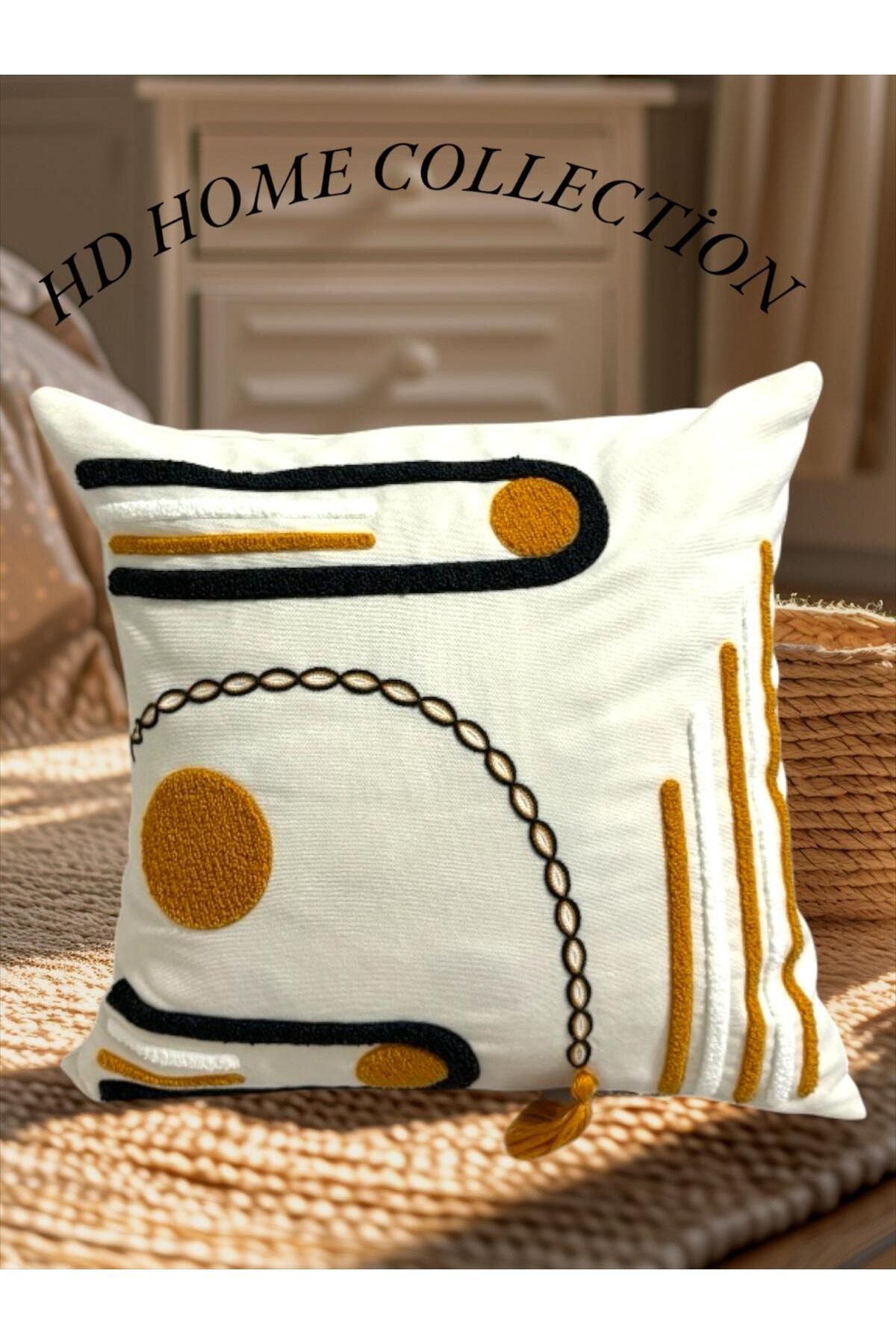 HD HOME COLLECTİON Keten Kumaş 43*43 Zincir ve Püsküllü Desen Punch Kırlent Kılıfı (Panç)
