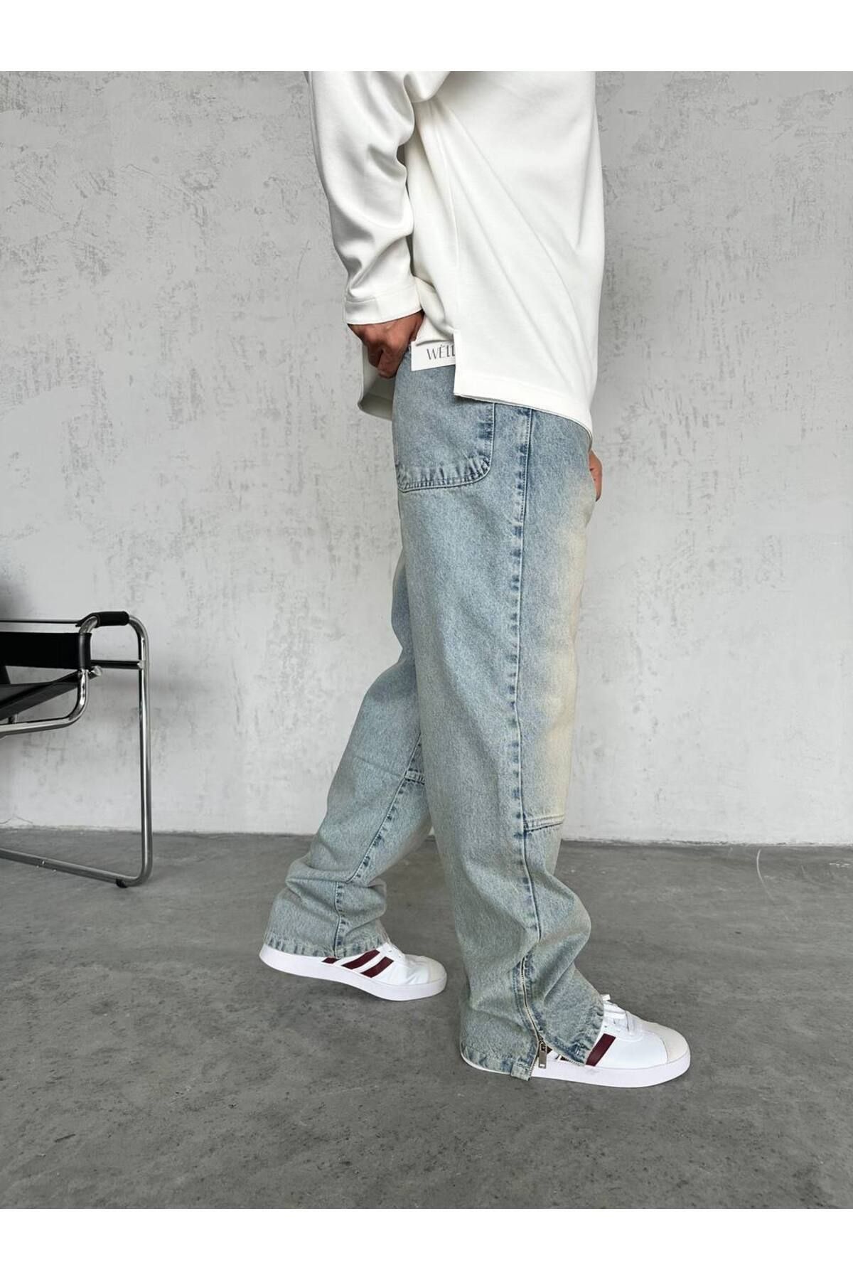 GOOD FASHION Paçası Fermuarlı Yan Detaylı Efektli Rahat Kalıp Baggy Kot Pantolon