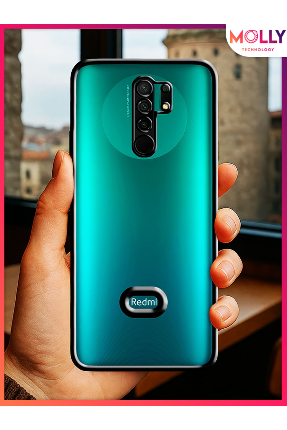 Molly Xiaomi Redmi 9 İçin Kenarları Siyah Lens Koruyuculu Lou Lazer Şeffaf Silikon Kılıf