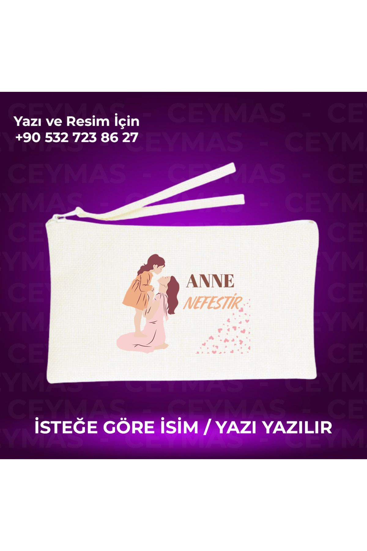Ceymas Hediyelik Kişiye Özel Anne Nefestir Baskılı Keten Makyaj Çantası