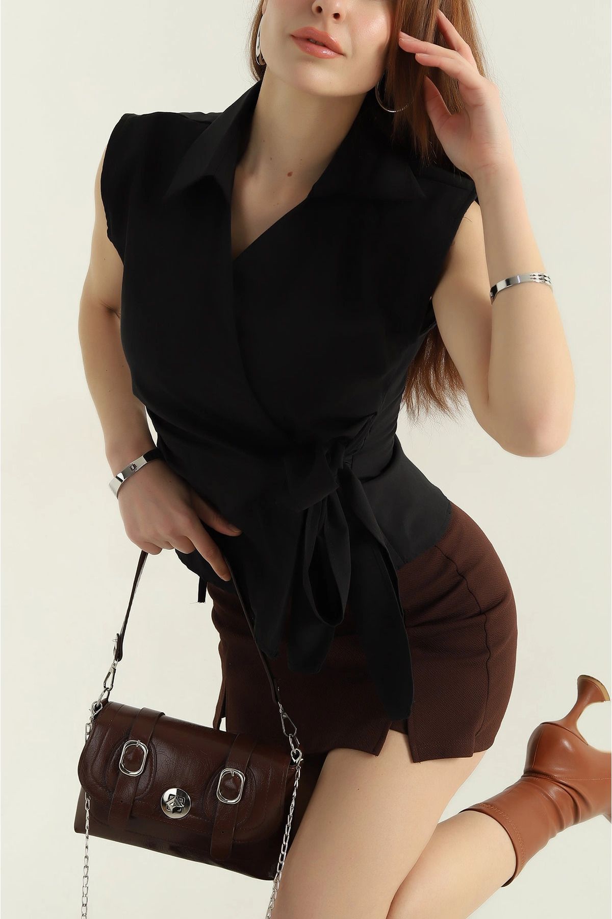 Secret Passion Lingerie Siyah Bağlamalı Sıfır Kol Kadın Gömlek