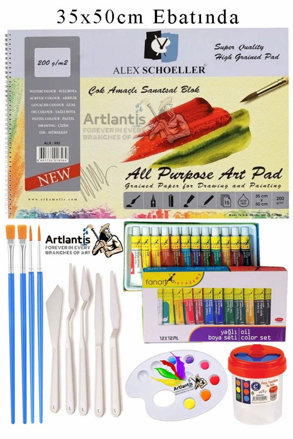 Artlantis Alex Schoeller Çok Amaçlı Sanatsal Blok 35x50 200 gr 15 Yaprak Fanart 12 Renk 12 ml Yağlı Boya Plast